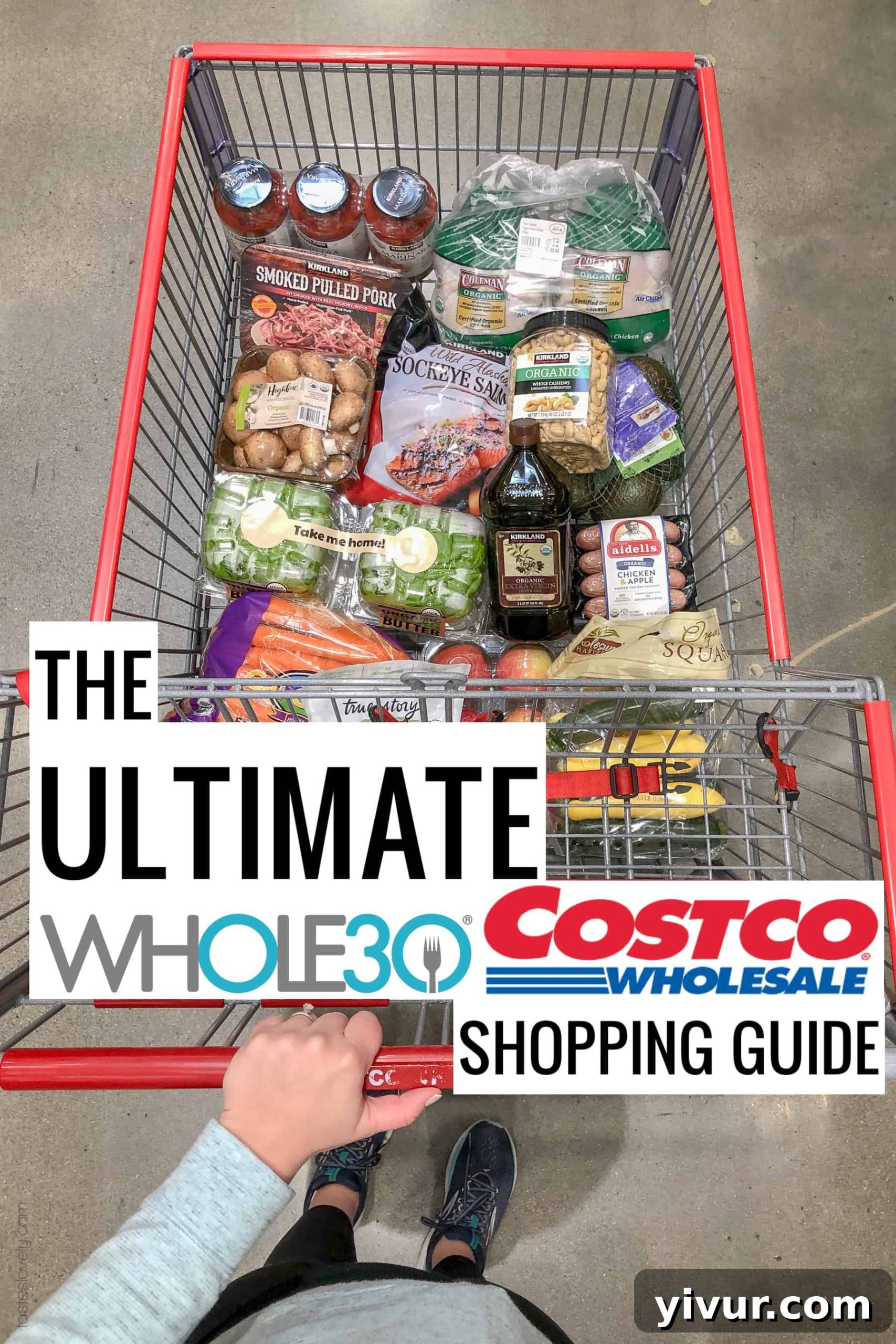 Costco grocery cart filled with Whole30 approved food items, showcasing a bounty of fresh produce, lean proteins, and pantry staples.