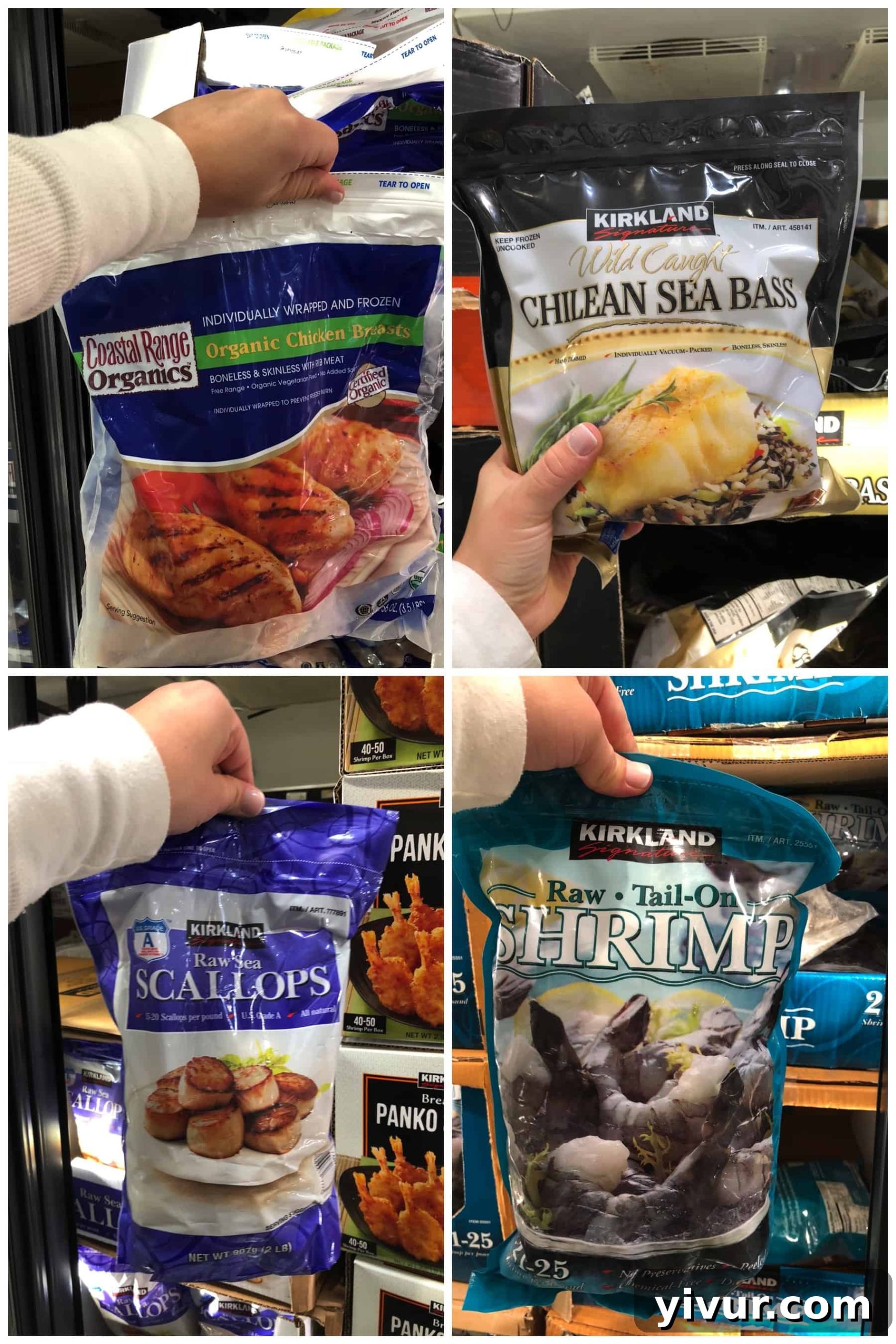Whole30 compliant frozen meat at Costco, featuring organic chicken breasts, wild-caught Chilean sea bass, and scallops.