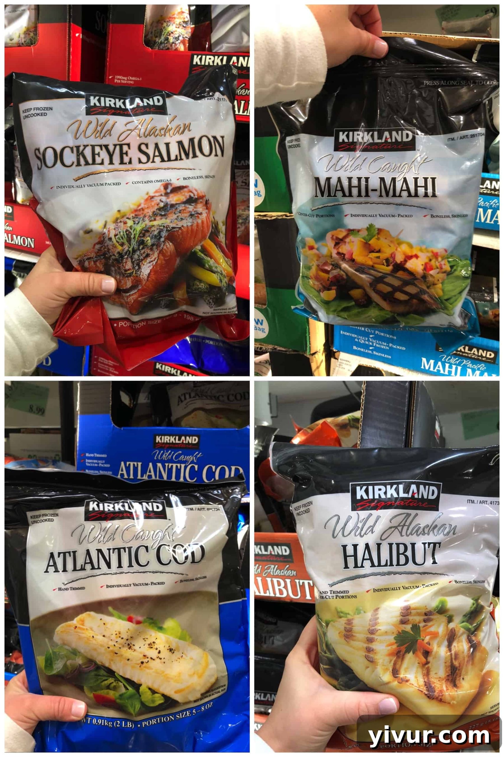 Wild-caught seafood found in the frozen section at Costco, perfect for a Whole30 shopping list, including Alaskan sockeye salmon, Mahi Mahi, Atlantic cod, and Alaskan halibut.