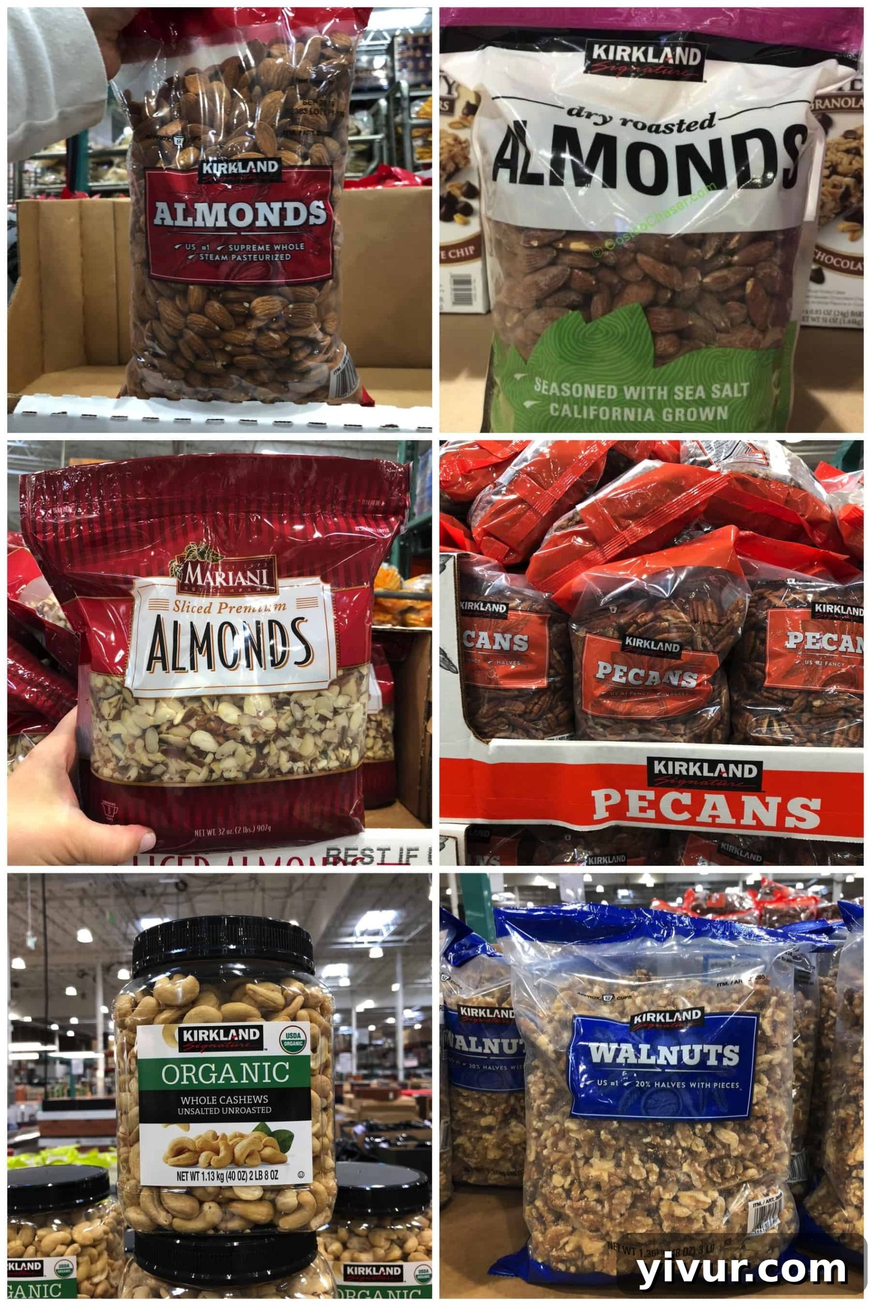 Whole30 compliant nuts and seeds at Costco, featuring raw almonds, dry roasted salted almonds, sliced almonds, pecans, organic cashews, and raw walnuts.
