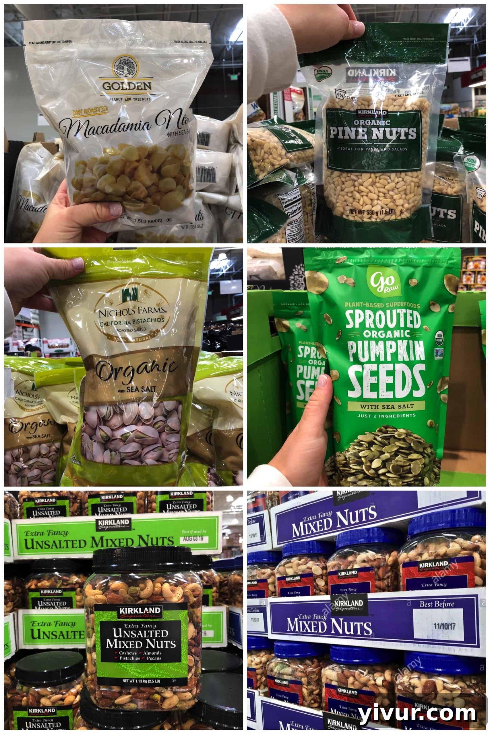 More nuts and seeds found at Costco for a Whole30 shopping list, including macadamia nuts, pine nuts, pistachios, sprouted pumpkin seeds, and mixed nuts.