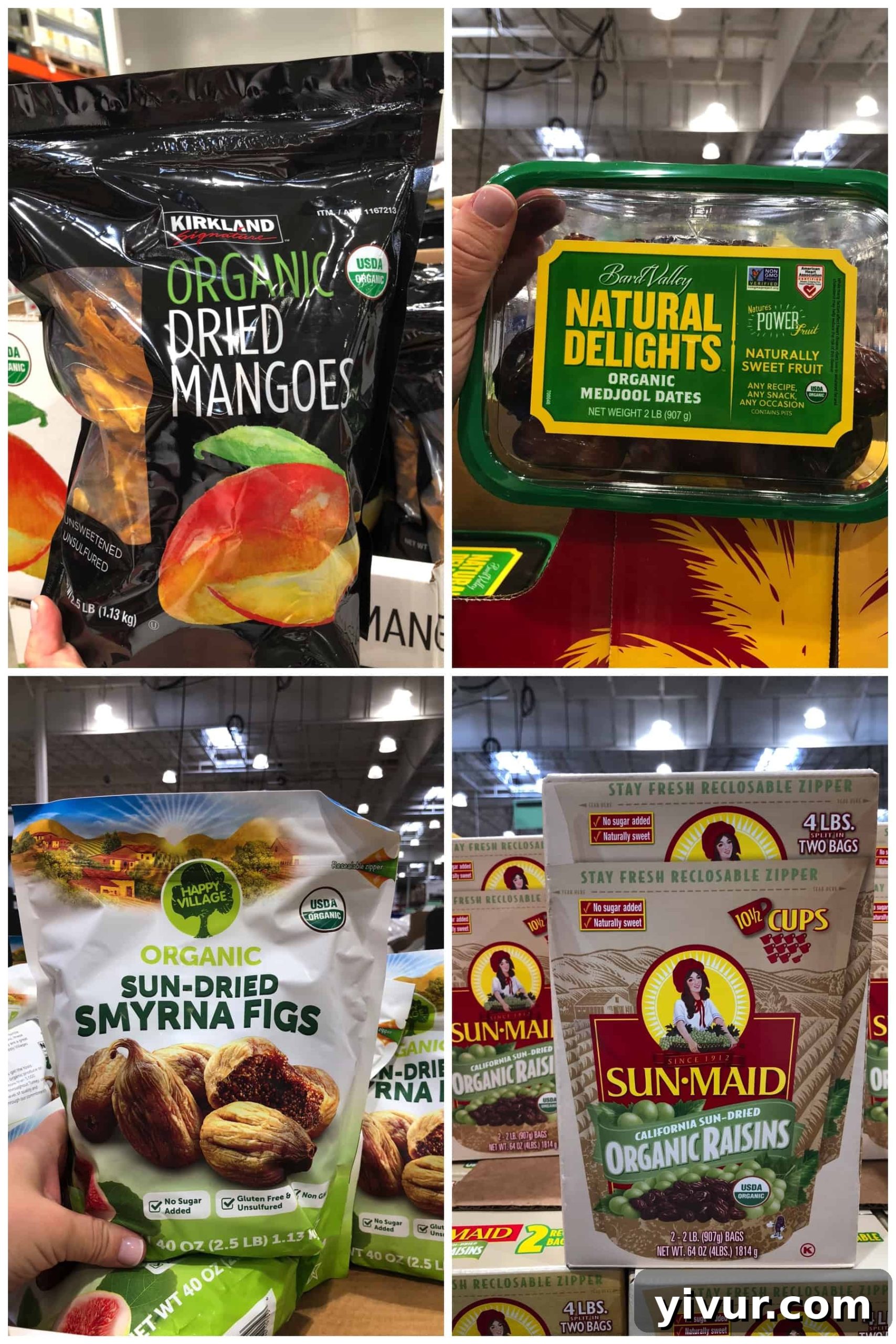Whole30 compliant dried fruit found at Costco, including organic dried mango, Medjool dates, Smyrna figs, and organic raisins.