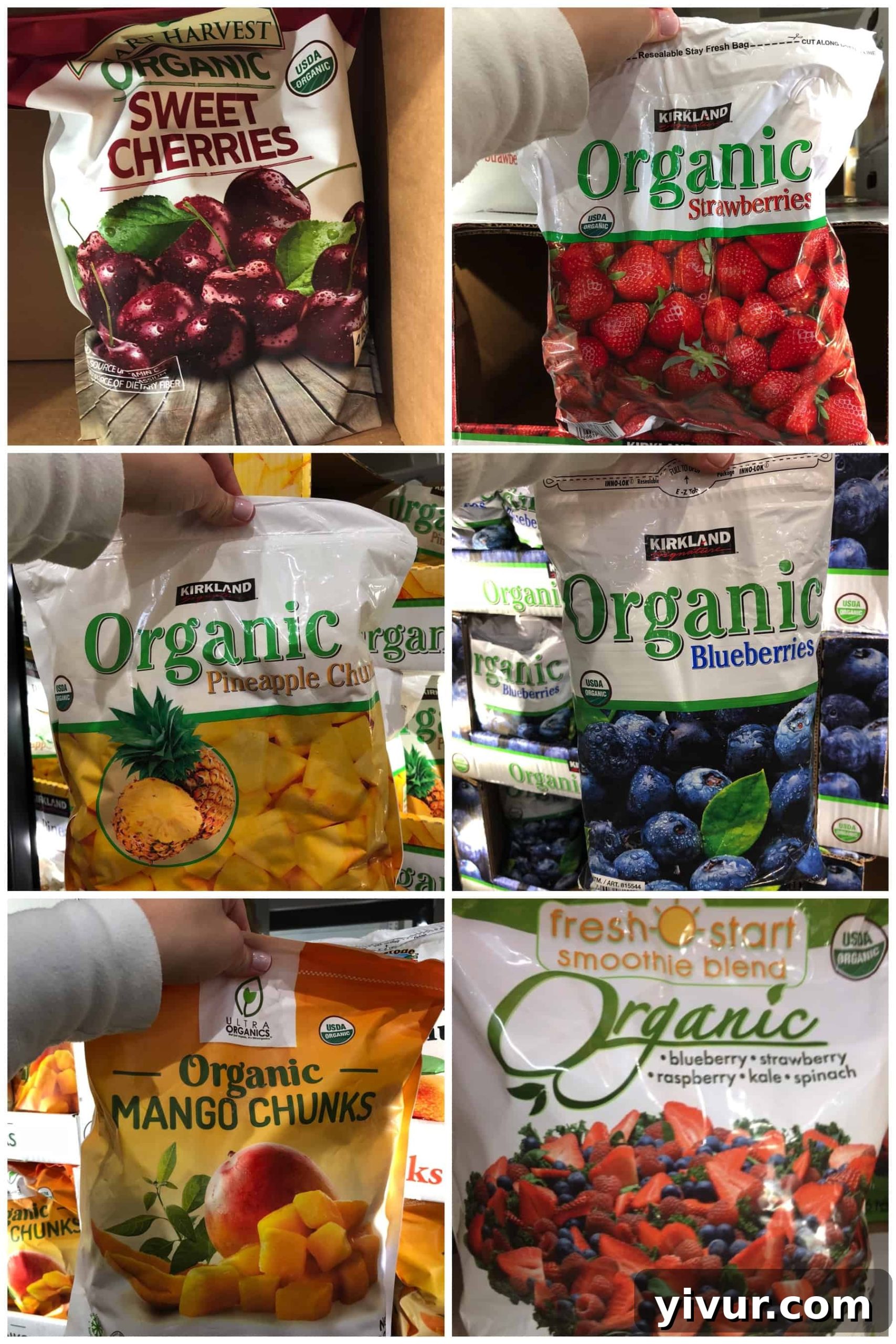 Organic frozen fruit found in the freezer section for a Whole30 shopping list at Costco, including cherries, strawberries, pineapple, blueberries, mango, and a kale smoothie blend.