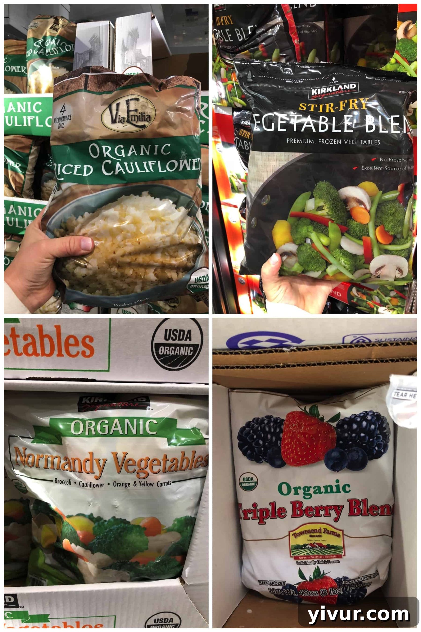 Frozen vegetables on a Whole30 shopping list found at Costco, featuring organic riced cauliflower, vegetable stir fry blend, Normandy vegetables, and a triple berry blend.