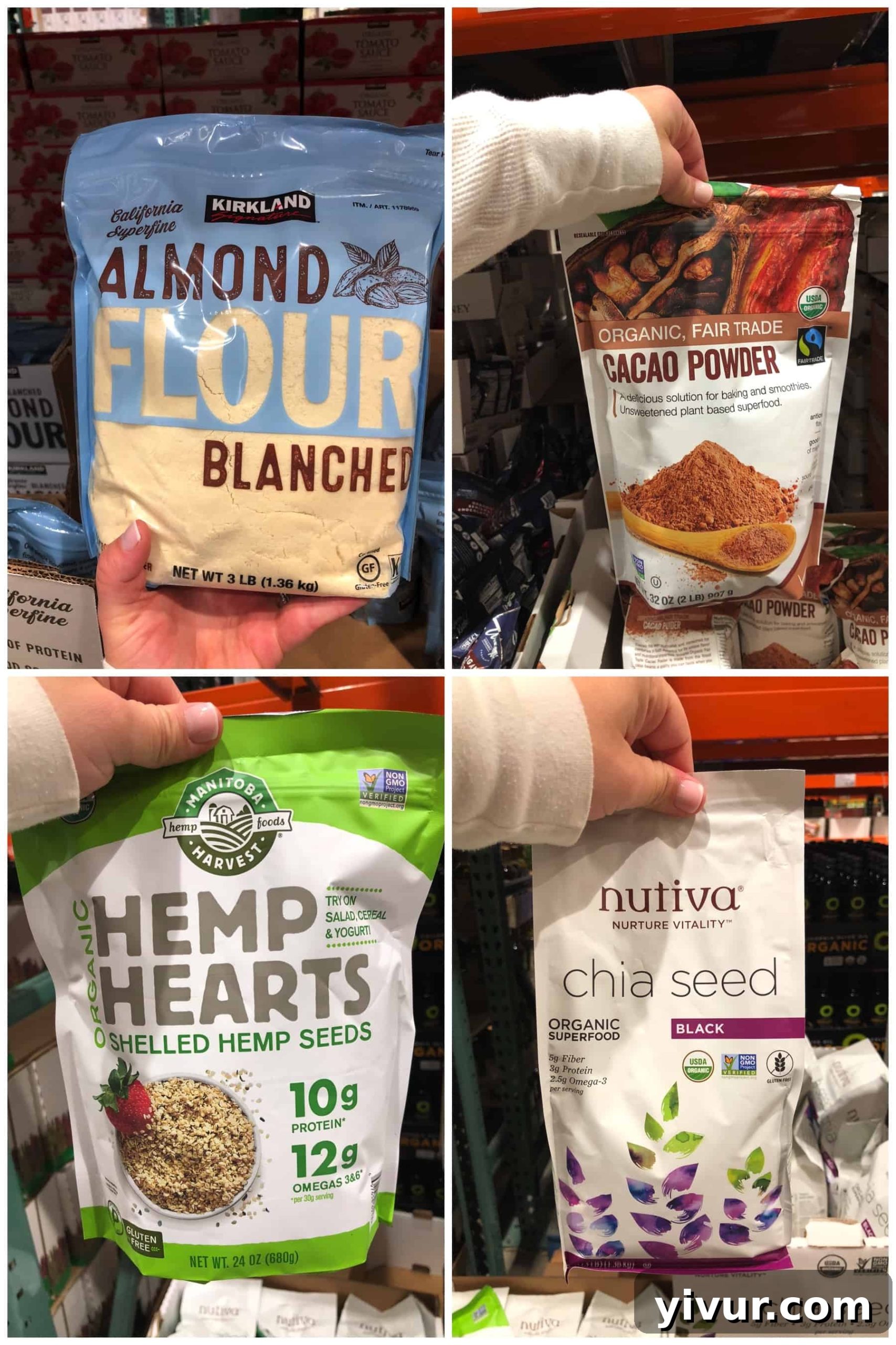 Whole30 compliant flours and seeds for a Whole30 shopping list at Costco, including blanched almond flour, cacao powder, hemp hearts, and chia seeds.