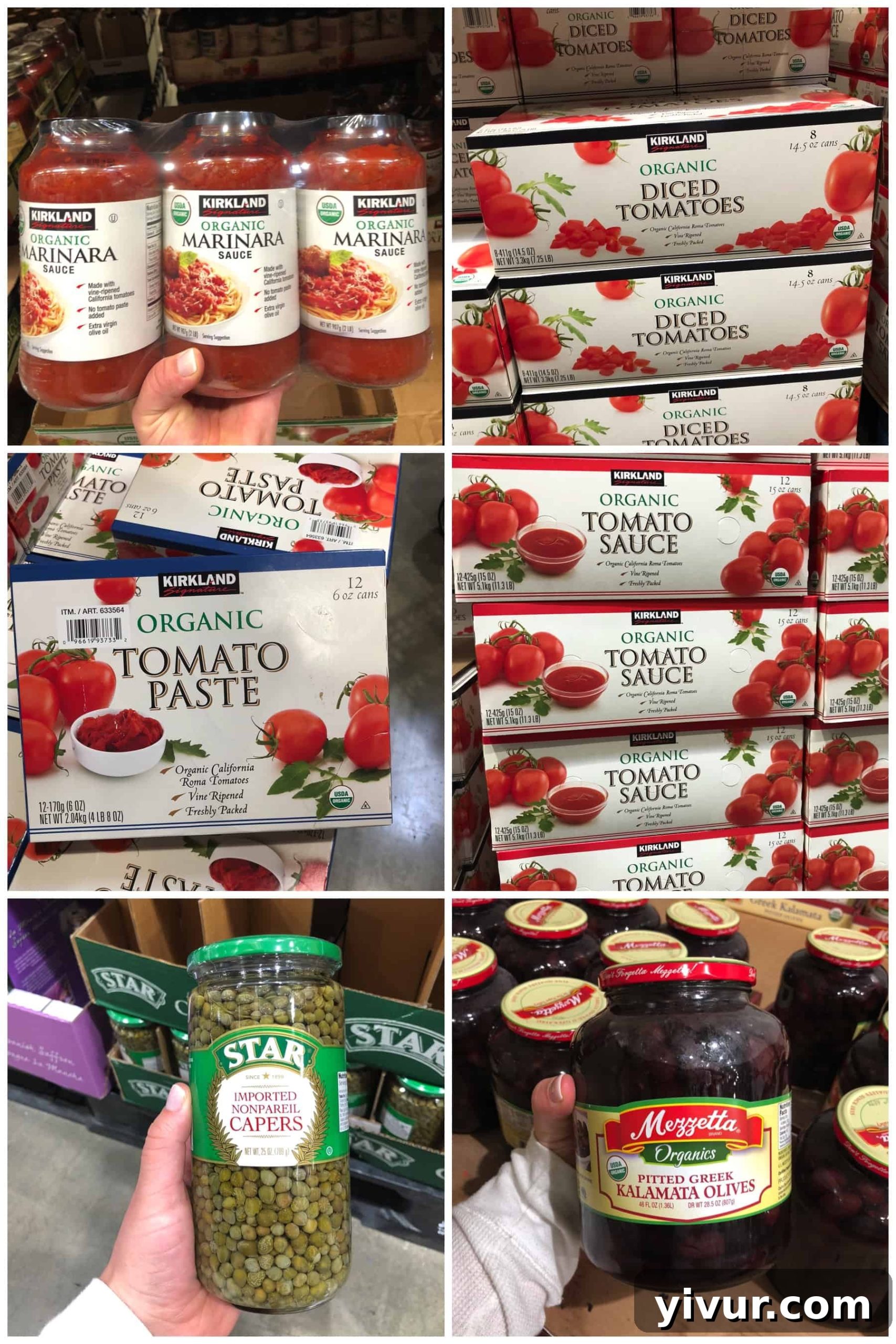 Canned and jarred sauces for a Whole30 shopping list at Costco, featuring organic marinara sauce, diced tomatoes, tomato paste, tomato sauce, capers, and Kalamata olives.