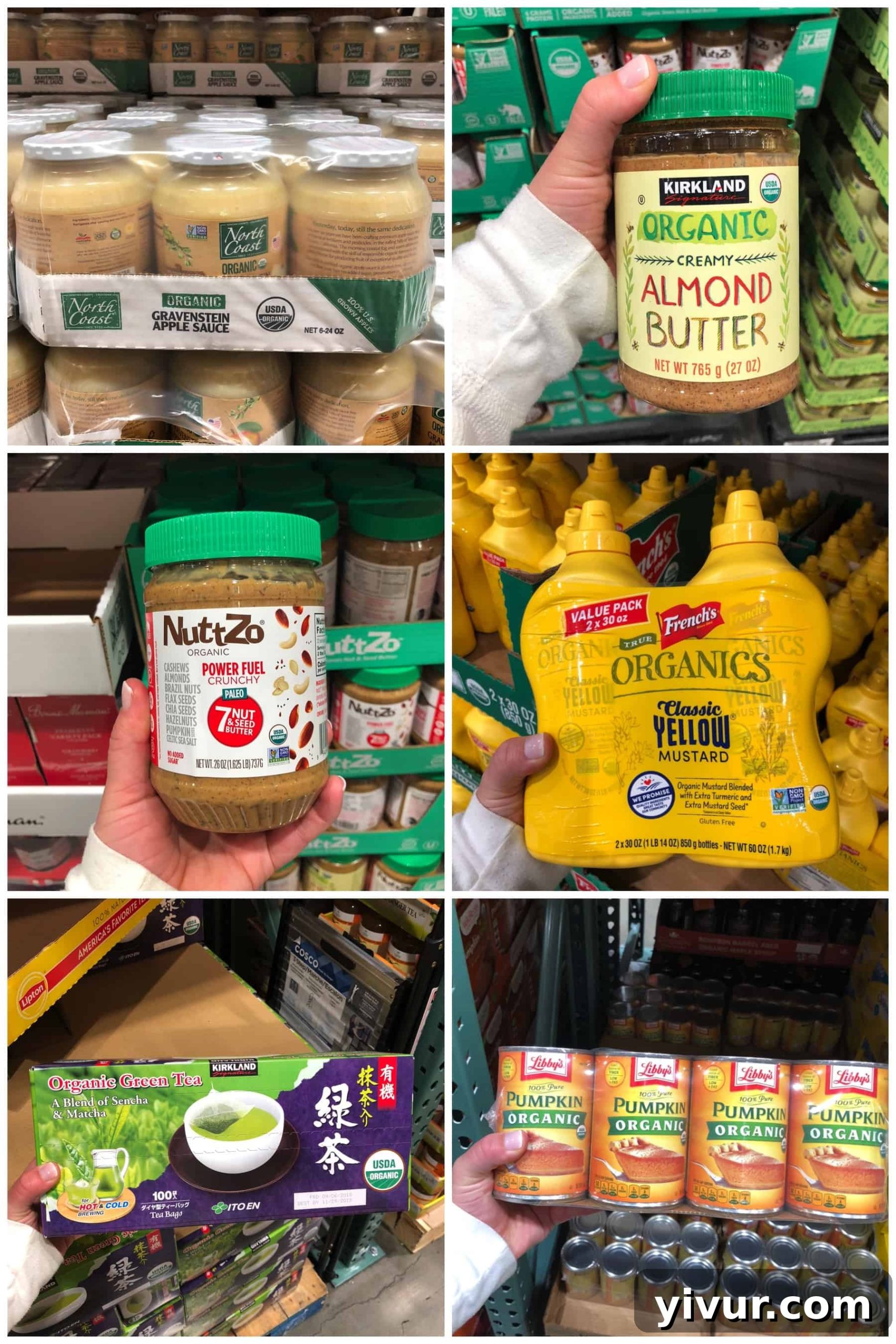Photos of various grocery items at Costco that are Whole30 compliant, including apple sauce, almond butter, nut and seed butter, mustard, green tea, and pumpkin puree.