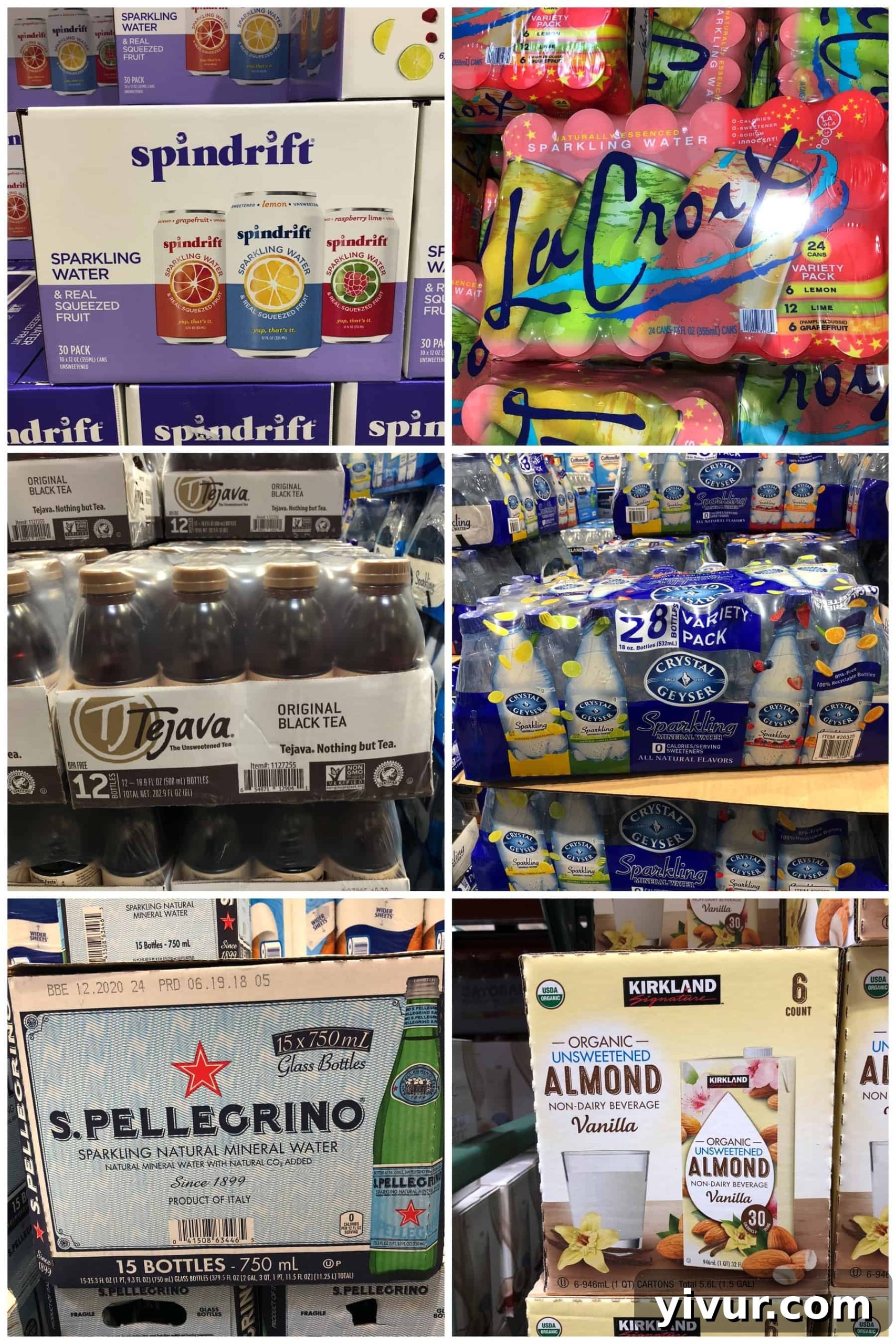 Six quadrants showing various Whole30 compliant beverages available at Costco, including sparkling waters, teas, and unsweetened almond milk.