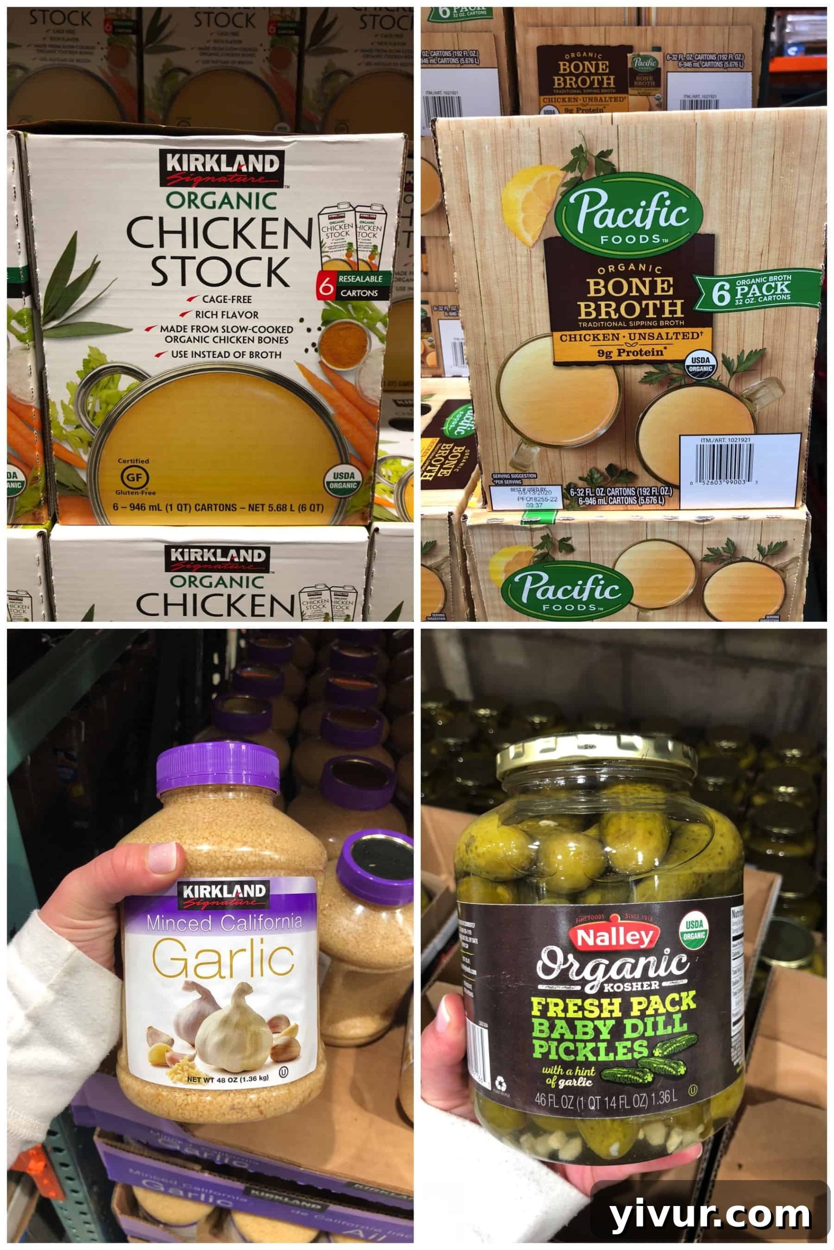 Whole30 compliant items for a Whole30 shopping list at Costco, including organic chicken stock, bone broth, minced garlic, and baby dill pickles.