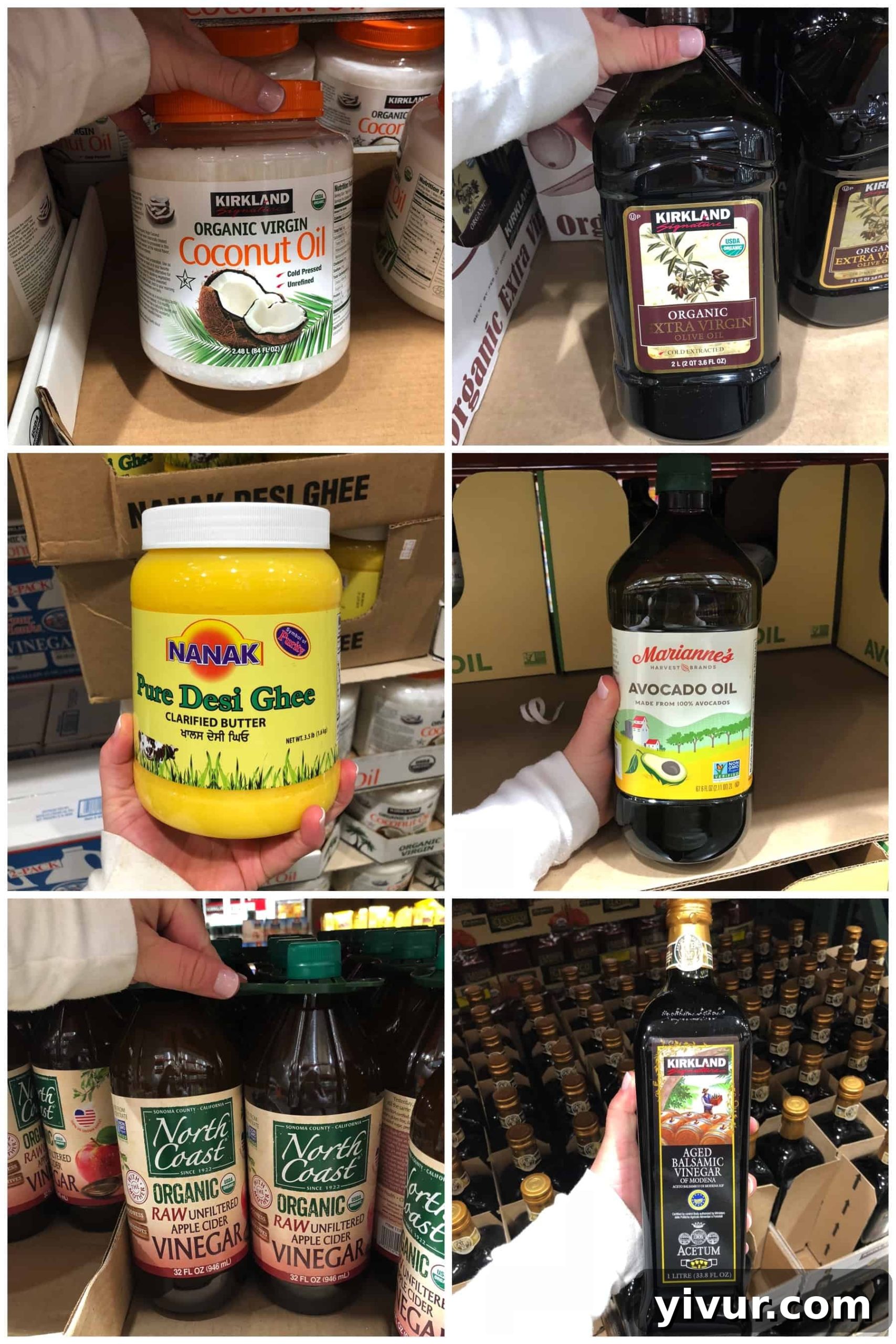 Various oils, vinegar, and ghee that are Whole30 compliant from Costco, including organic virgin coconut oil, extra virgin olive oil, ghee, avocado oil, apple cider vinegar, and aged balsamic vinegar.