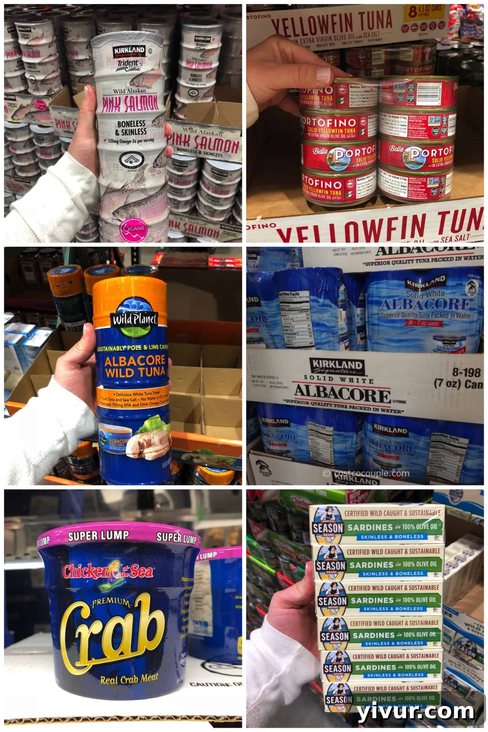 Photos of canned meat and fish suitable for a Whole30 shopping list at Costco, including wild Alaskan pink salmon, yellowfin tuna, albacore wild tuna, solid white albacore tuna, crab meat, and sardines.