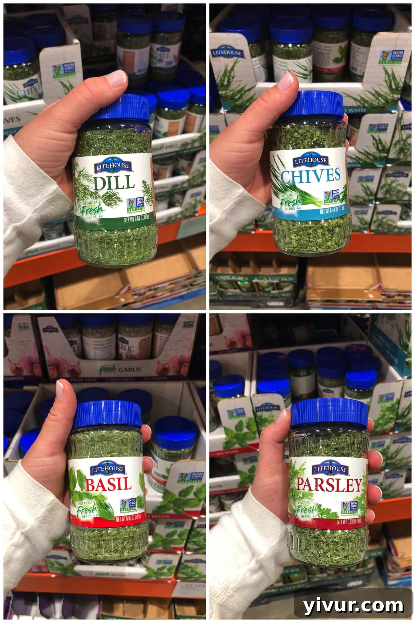 Freeze-dried herbs found for a Whole30 shopping list at Costco, including dill, chives, basil, and parsley.
