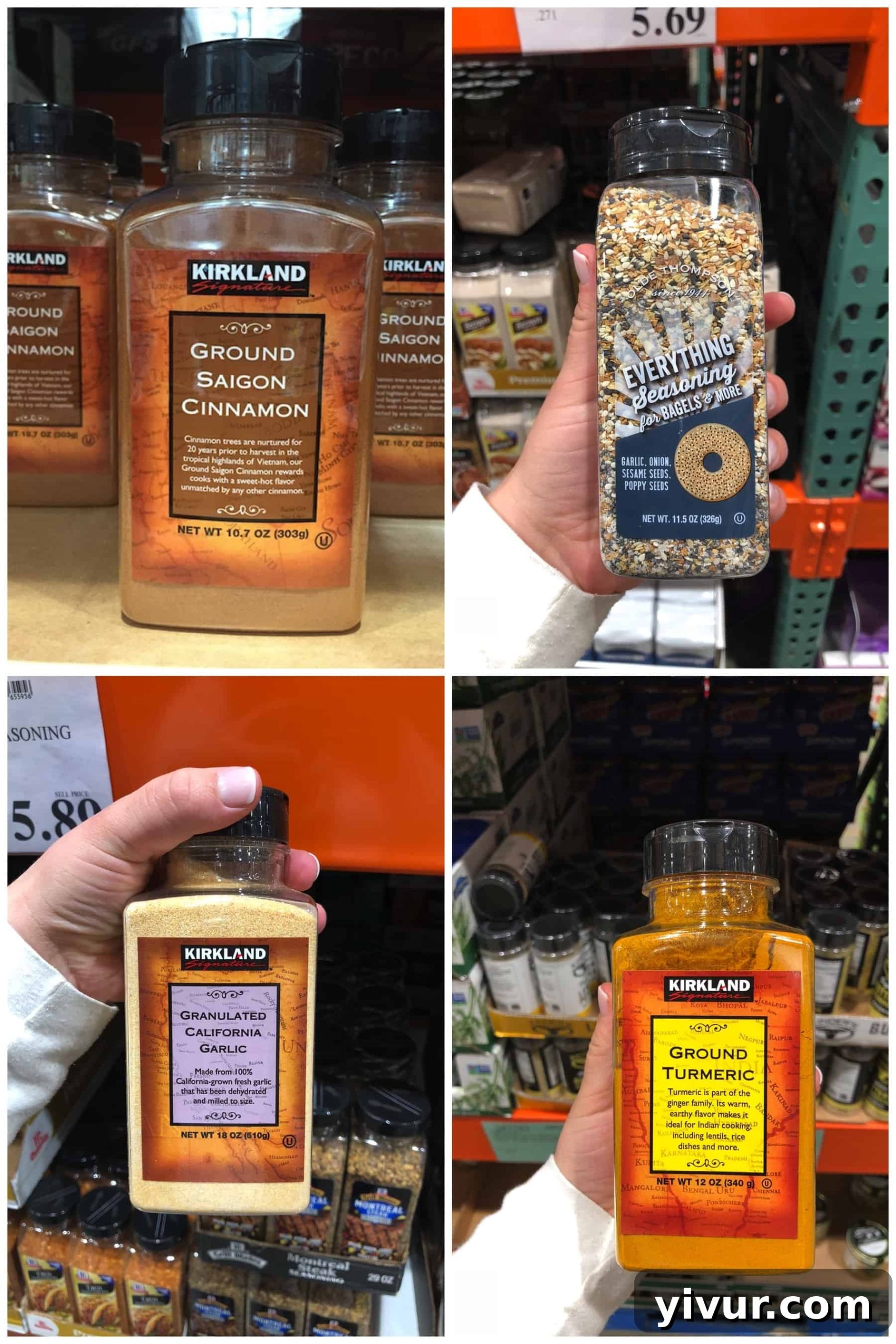 Whole30 compliant seasonings and spices found at Costco, featuring cinnamon, Everything Seasoning, granulated garlic, and ground turmeric.