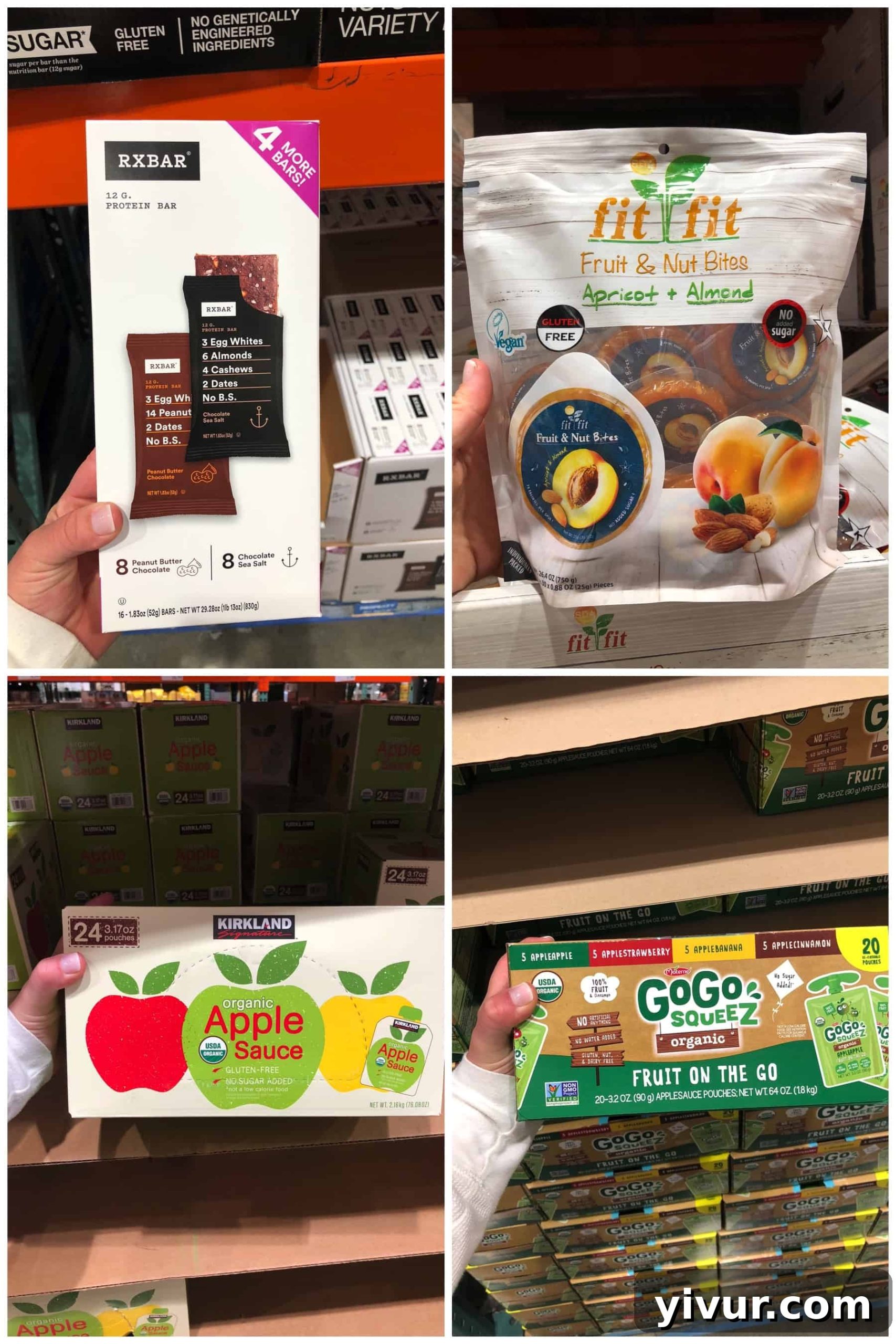 Various snack items from a Whole30 shopping list found at Costco, including RX Bars, Fit Fit Fruit and Nut Bites, organic apple sauce packets, and organic Fruit on the Go packets.
