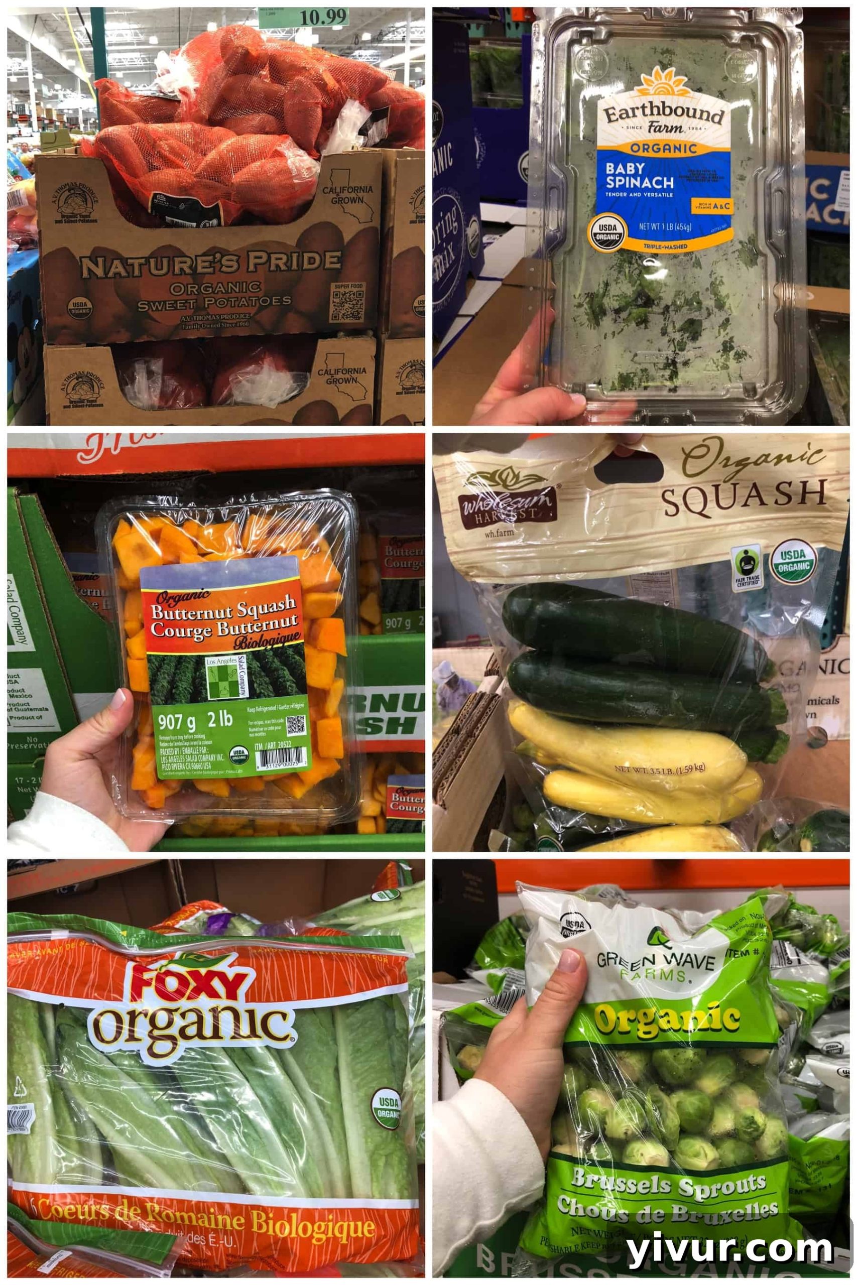 Additional photos of Whole30 compliant organic produce found at Costco, such as sweet potatoes, spinach, butternut squash, zucchini, romaine lettuce, and Brussels sprouts.