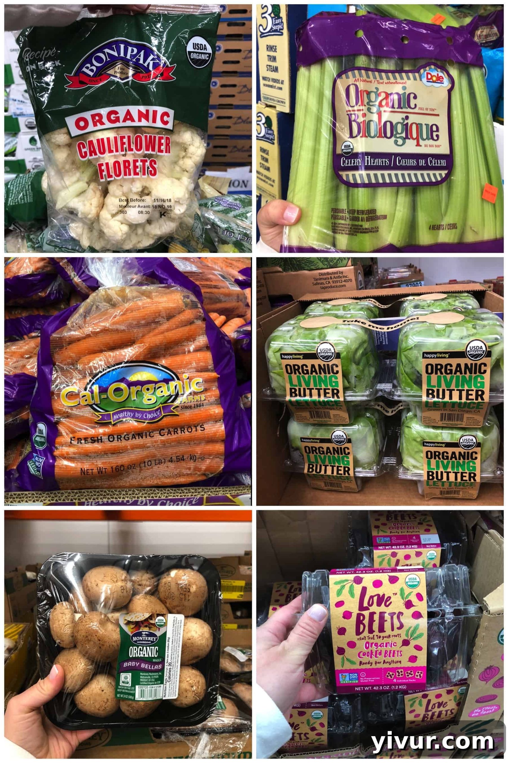 More organic Whole30 compliant produce items from Costco, including cauliflower florets, celery, carrots, butter lettuce, mushrooms, and cooked beets.