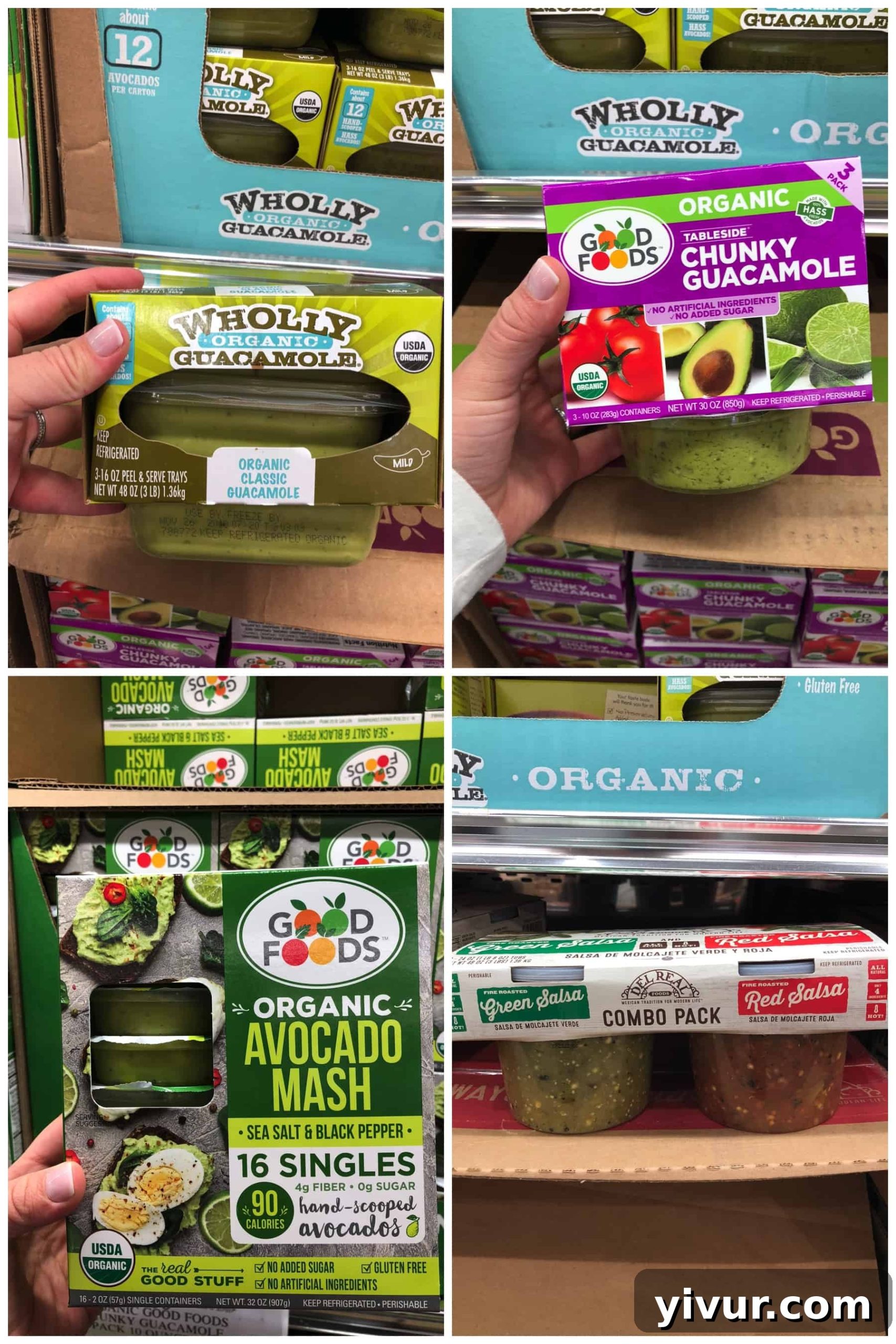 A selection of Whole30 compliant dips and salsas found in the refrigerated section at Costco, featuring various guacamole and salsa options.