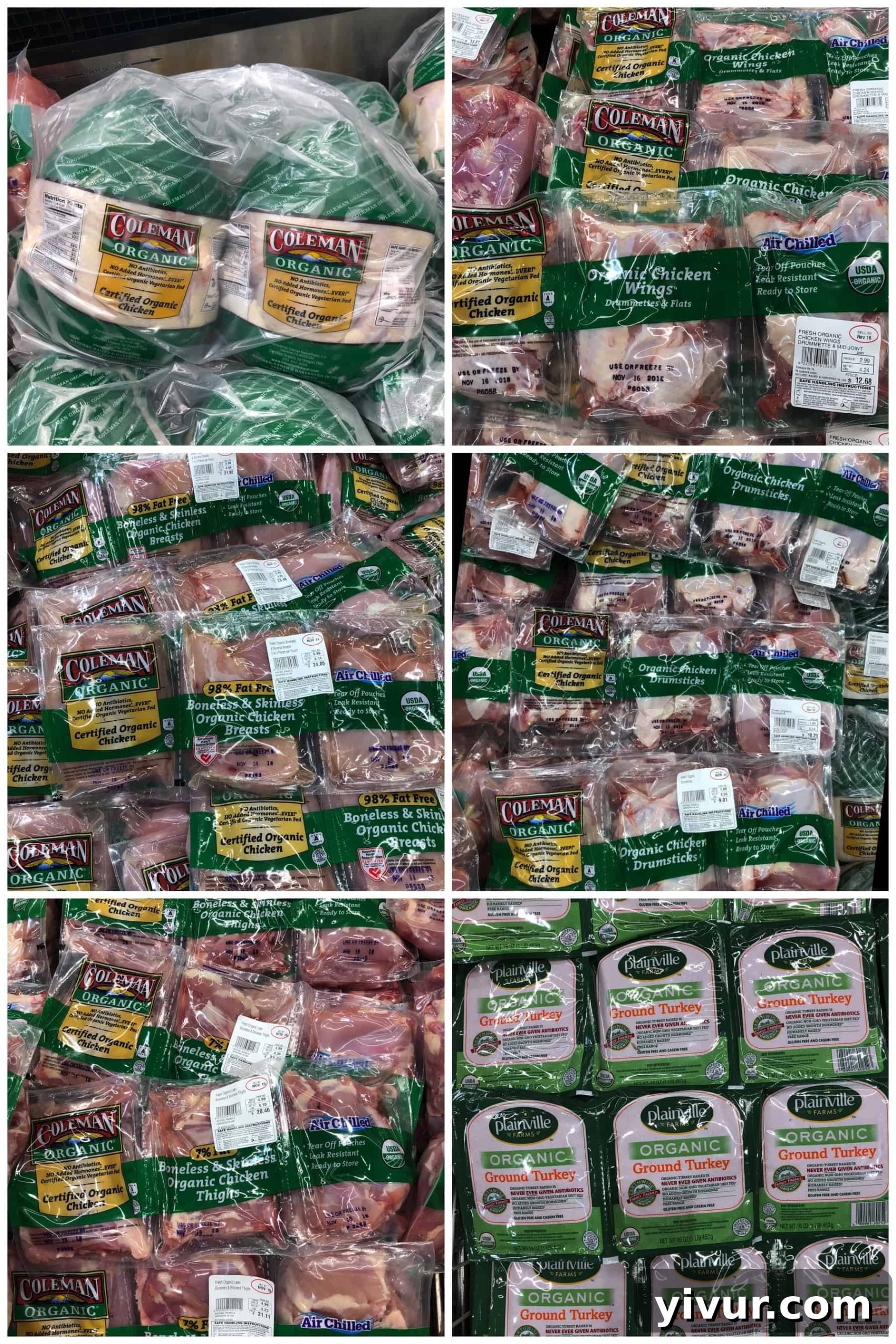 Photos displaying organic meat selections for a Whole30 shopping list at Costco, including whole chickens, chicken wings, boneless skinless breasts, drumsticks, thighs, and ground turkey.