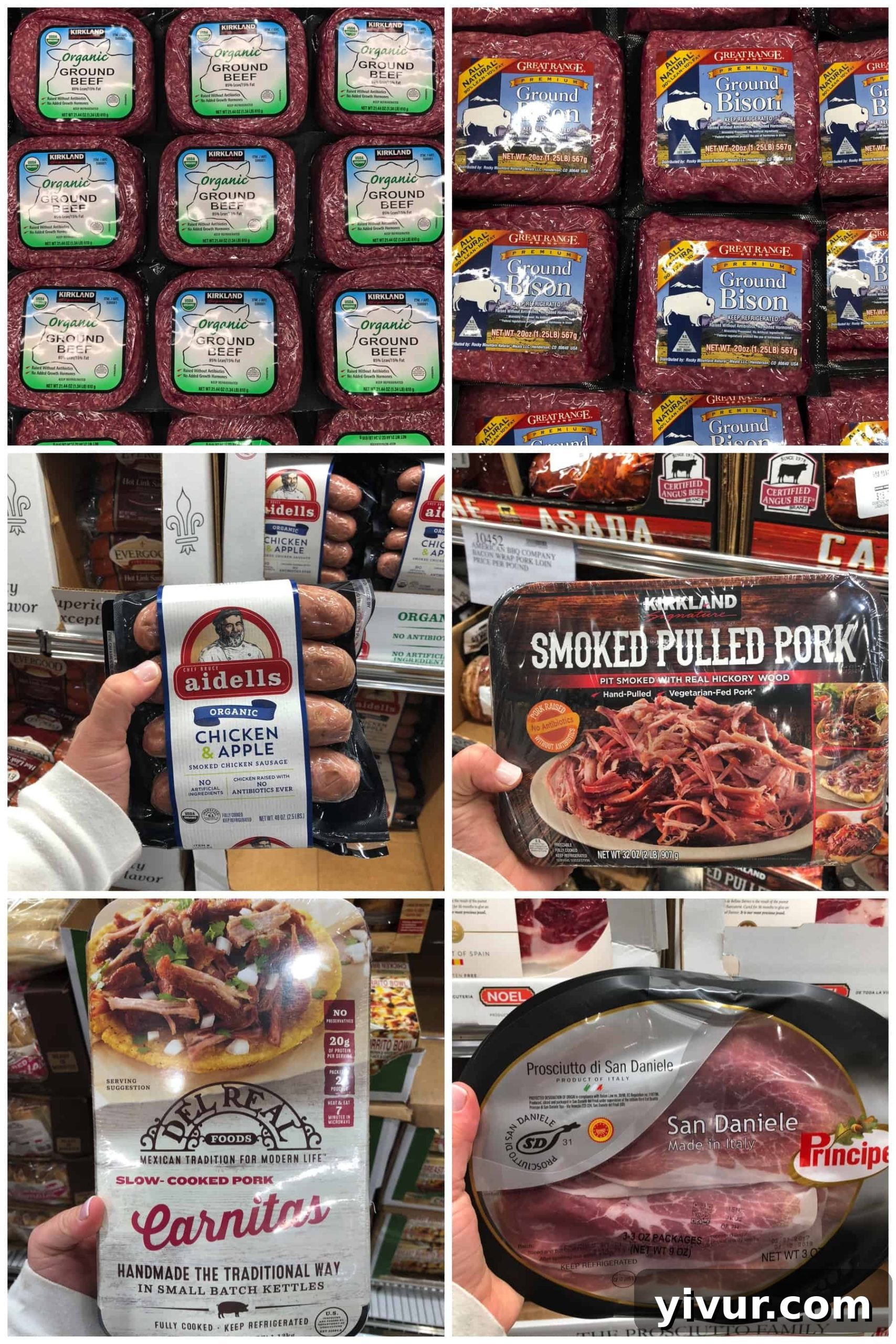 Organic ready-made and raw meats suitable for a Whole30 shopping list at Costco, showing ground beef, ground bison, chicken apple sausage, pulled pork, carnitas, and prosciutto.