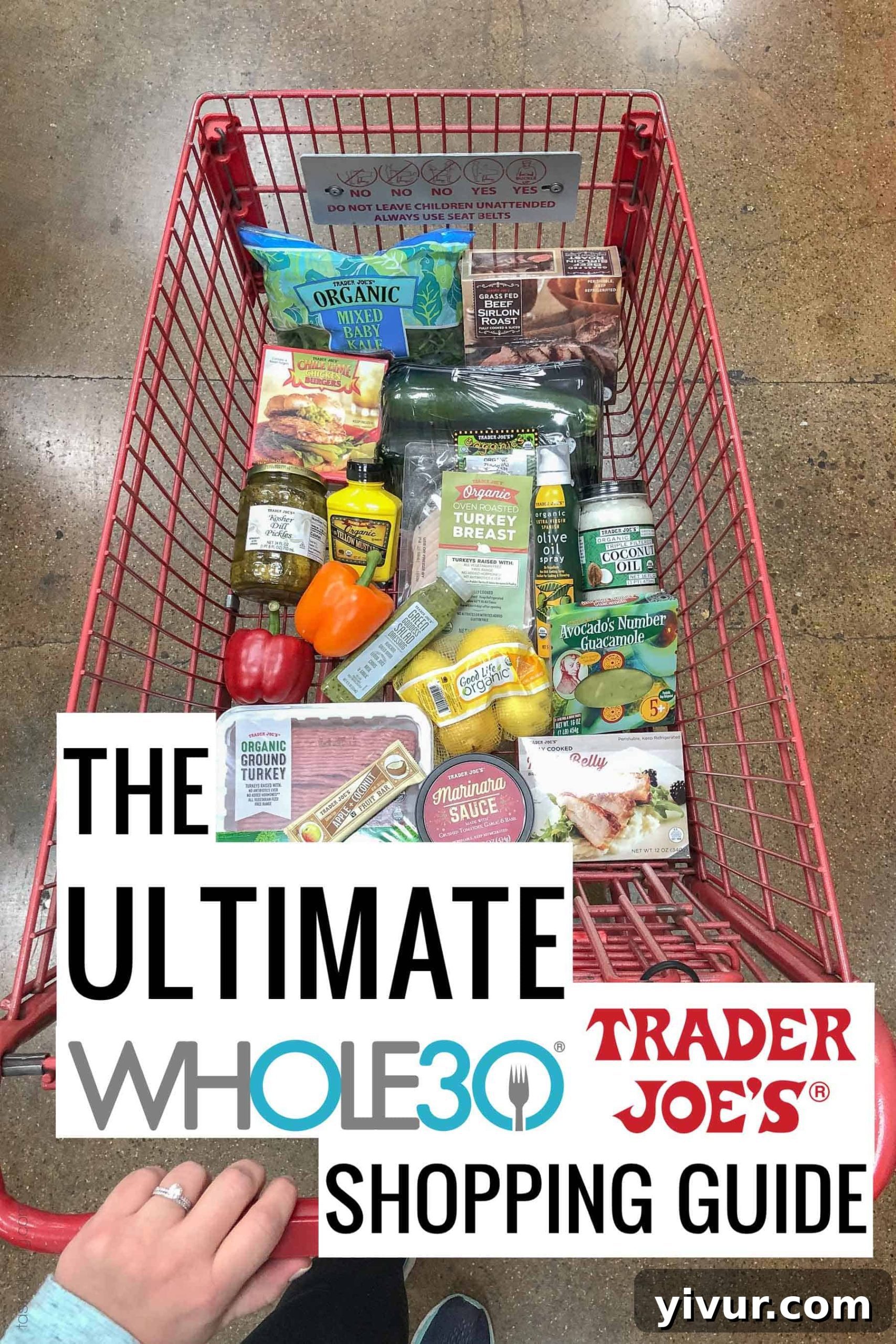 Trader Joe's grocery cart filled with Whole30 compliant items for a healthy reset