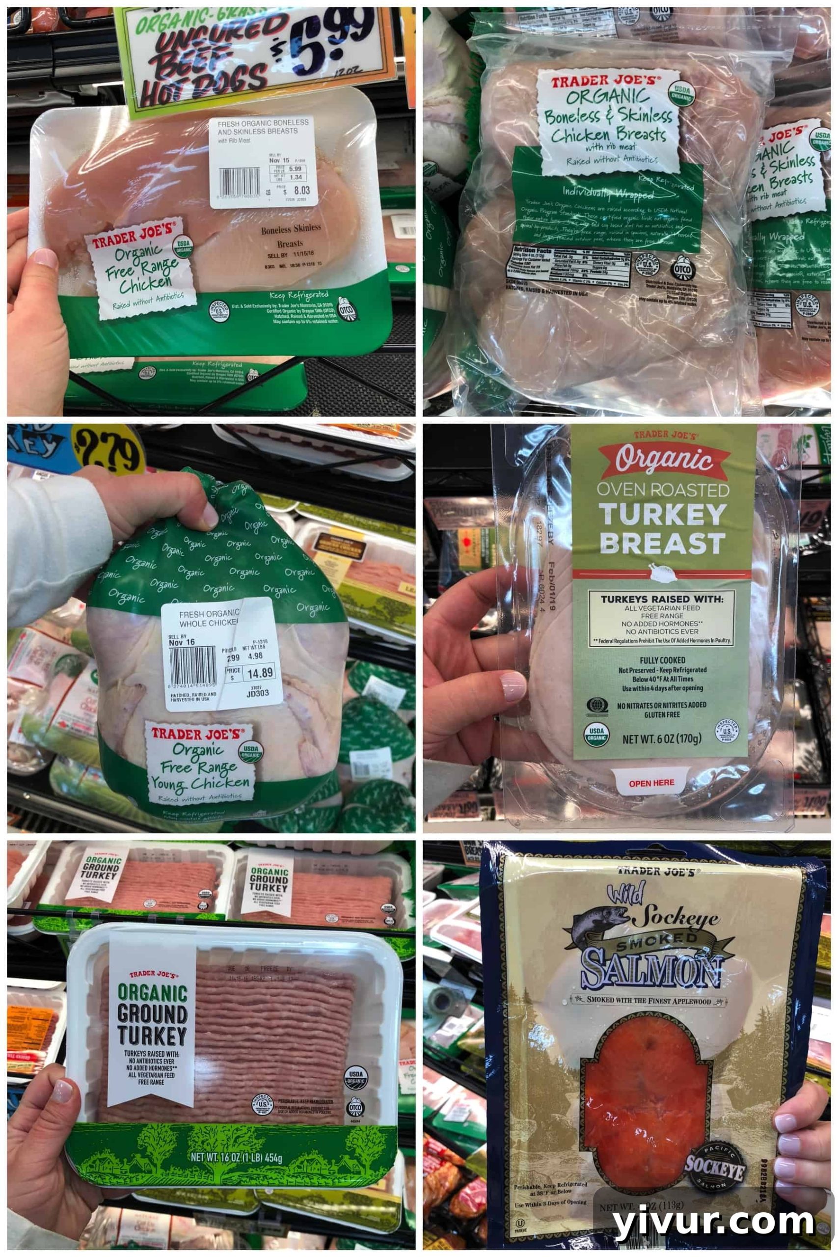 Whole30 compliant meat at Trader Joe's, showing organic chicken breasts and ground turkey