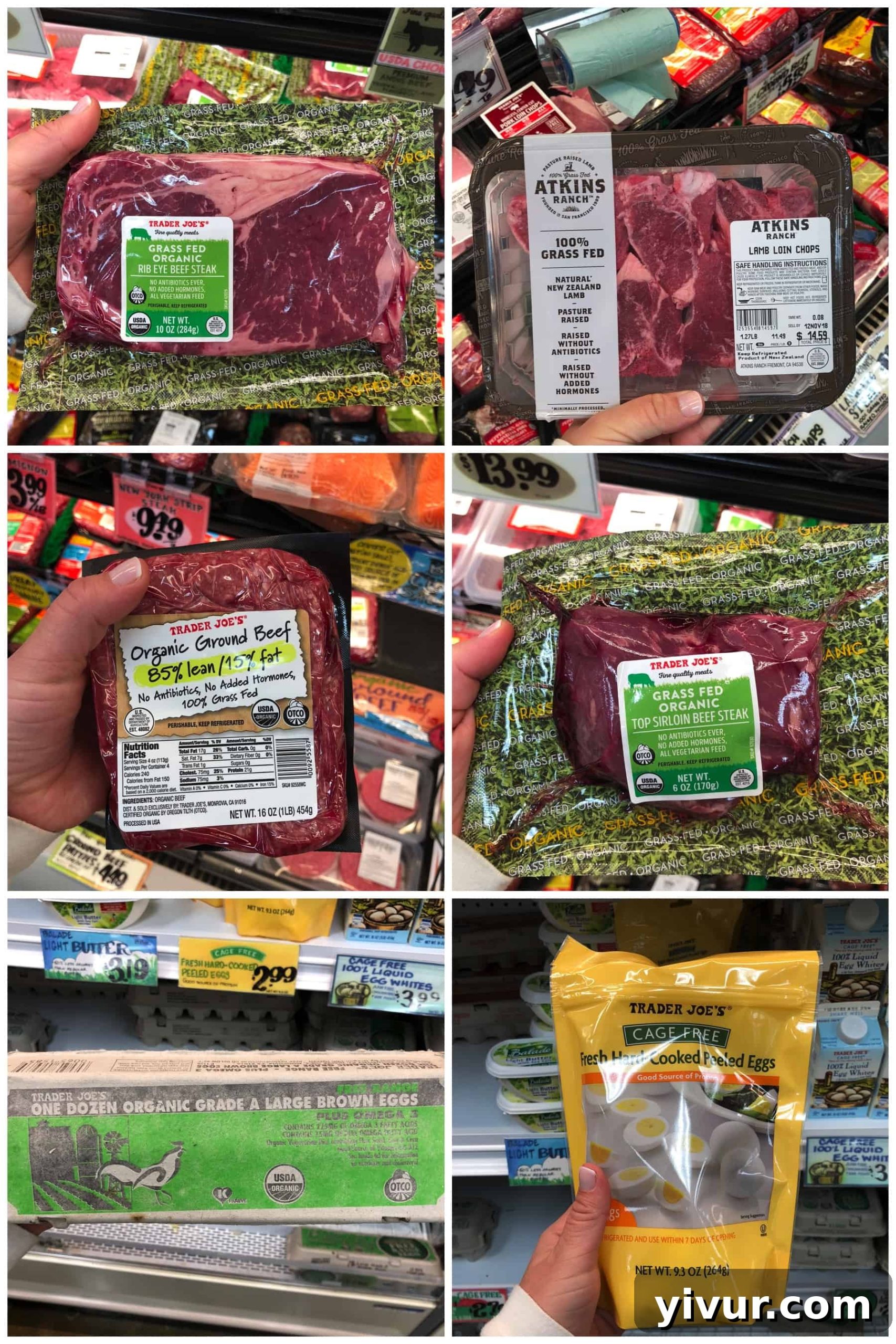 Photos of meat and eggs at Trader Joe's, including organic beef cuts and eggs