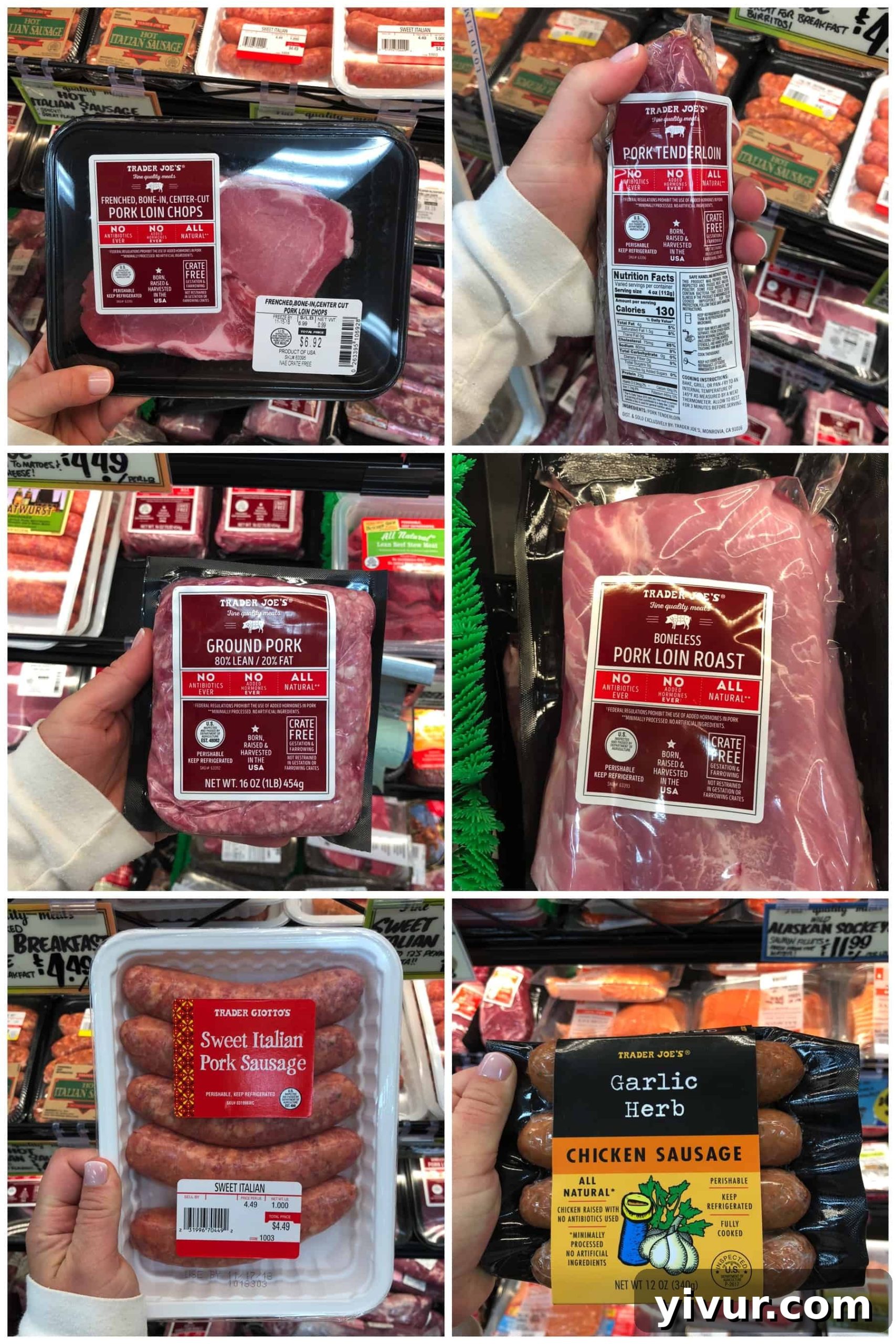 Packaged meat and sausage at Trader Joe's, featuring various pork options