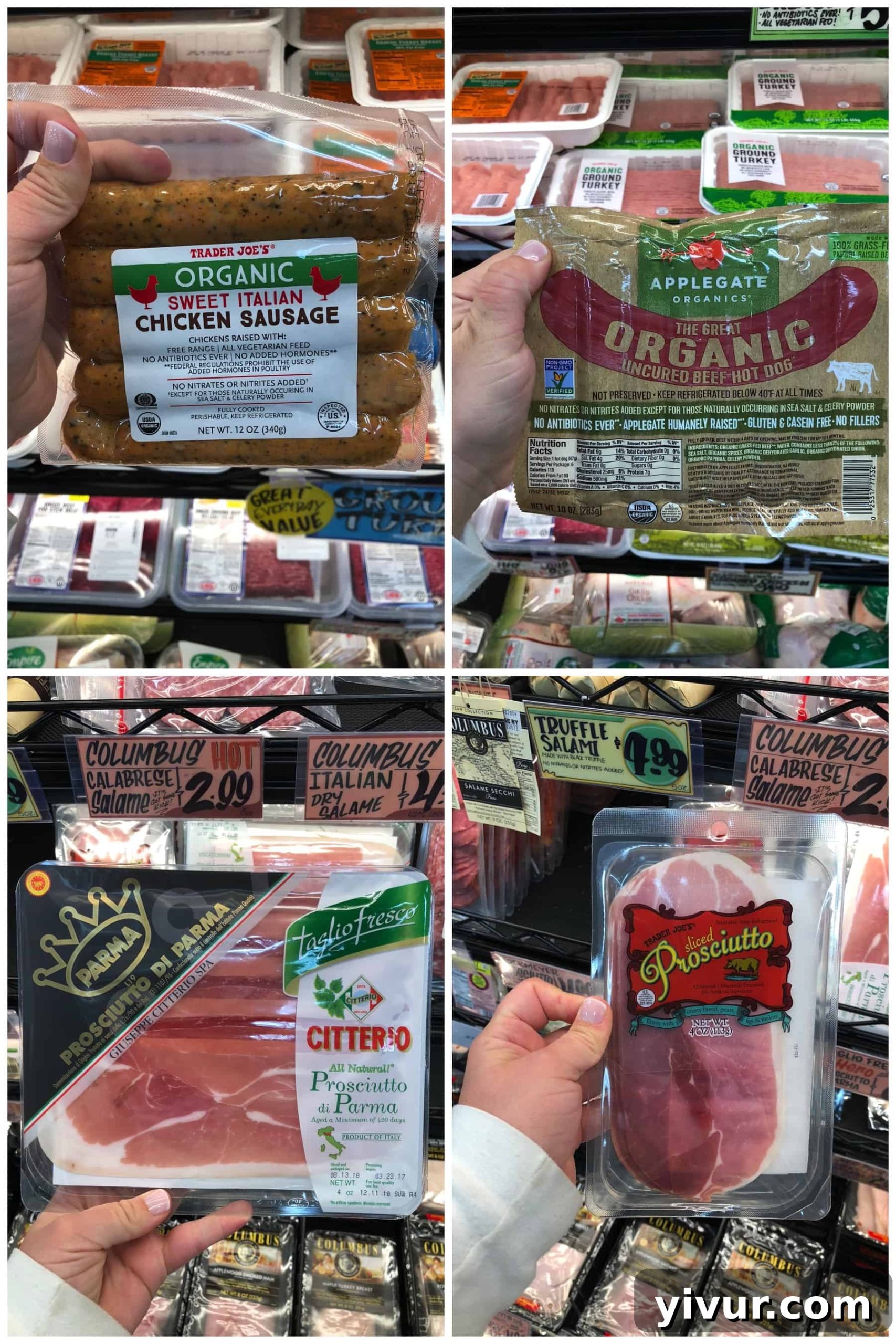 Whole30 compliant deli meat and sausages, including organic hot dogs and prosciutto