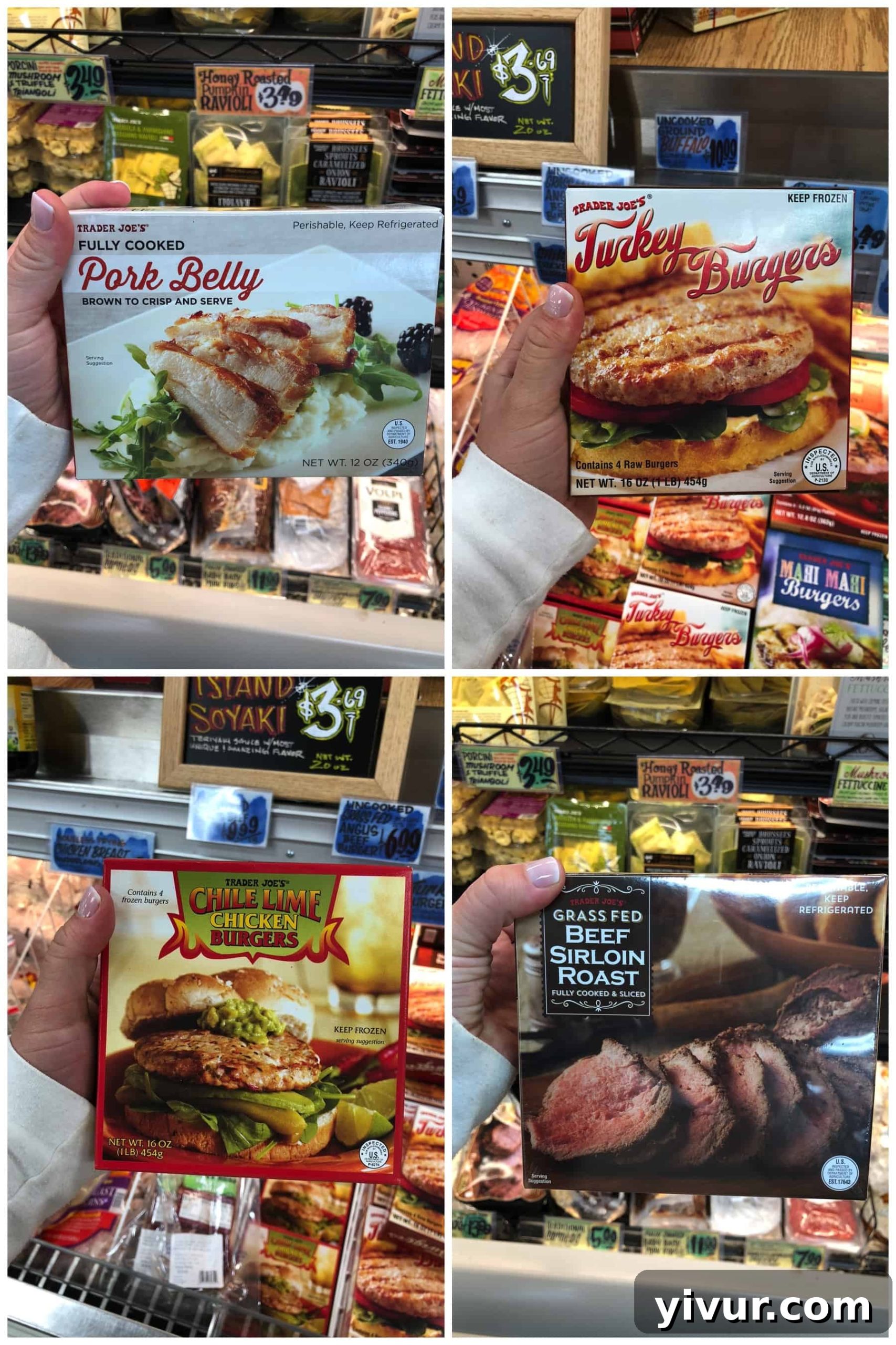 Packaged convenience meats in the frozen section, like fully cooked pork belly and turkey burgers