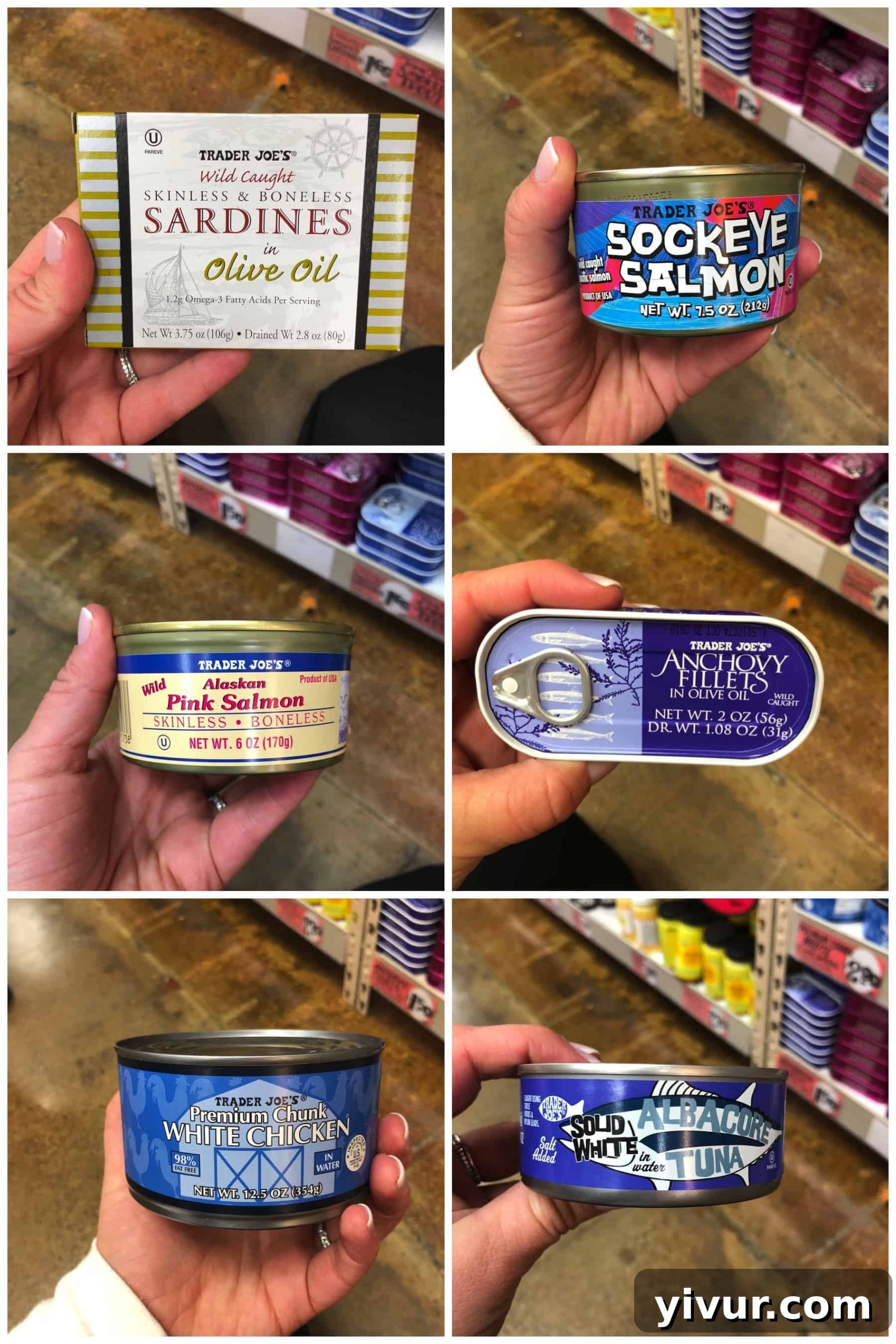 Canned meats for Whole30 shopping list, including wild-caught sardines and salmon