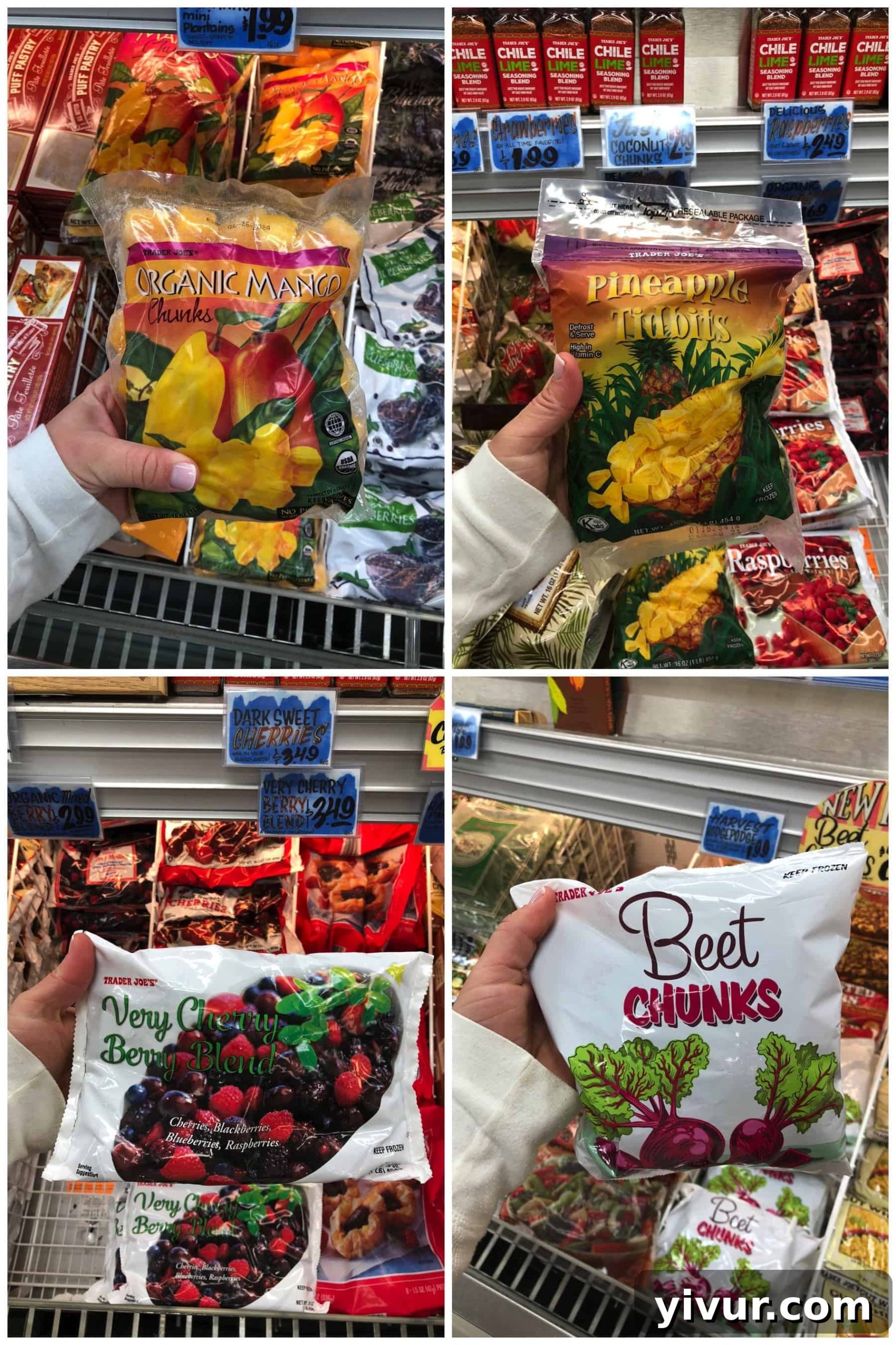 Frozen fruit at Trader Joe's for shopping list for Whole30, featuring mango and pineapple