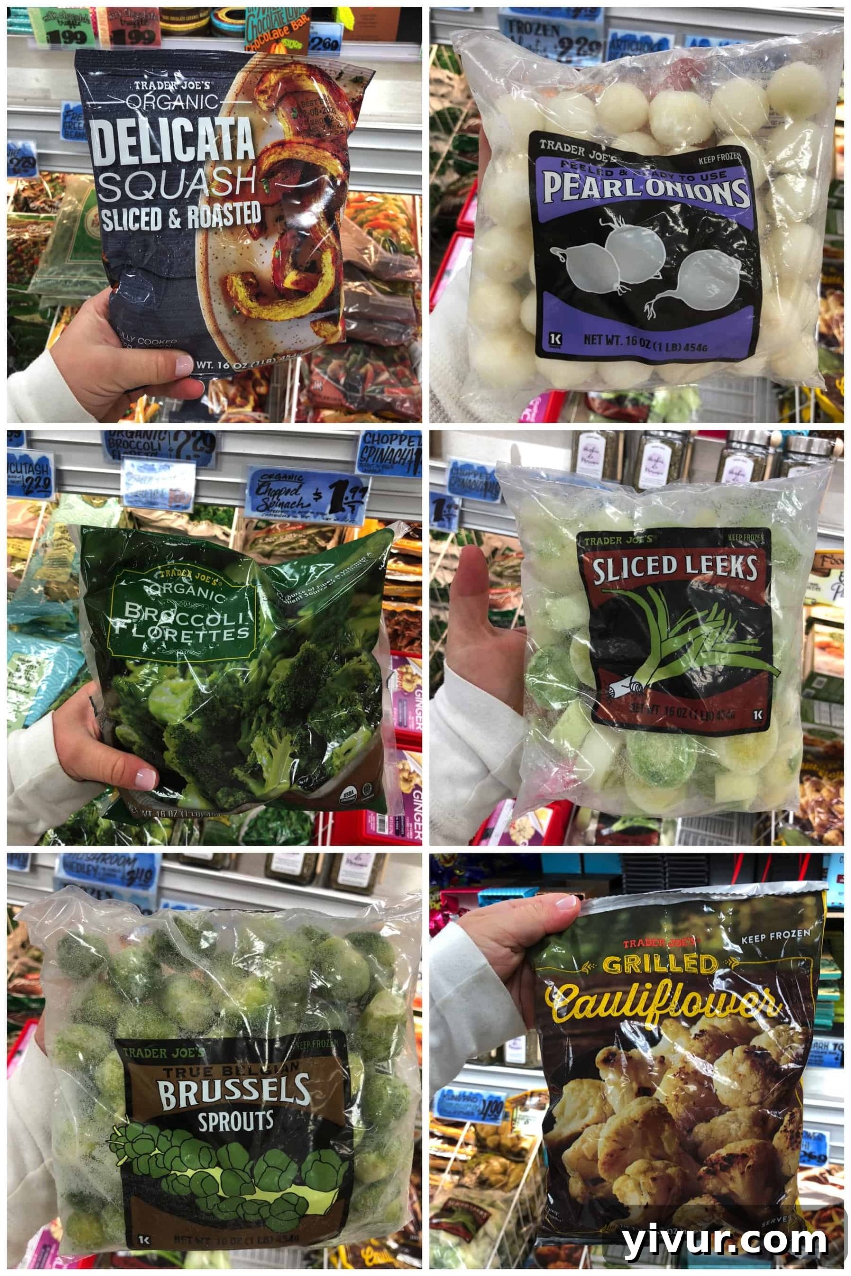 Frozen vegetables for Whole30 shopping list at Trader Joe's, including squash and Brussels sprouts
