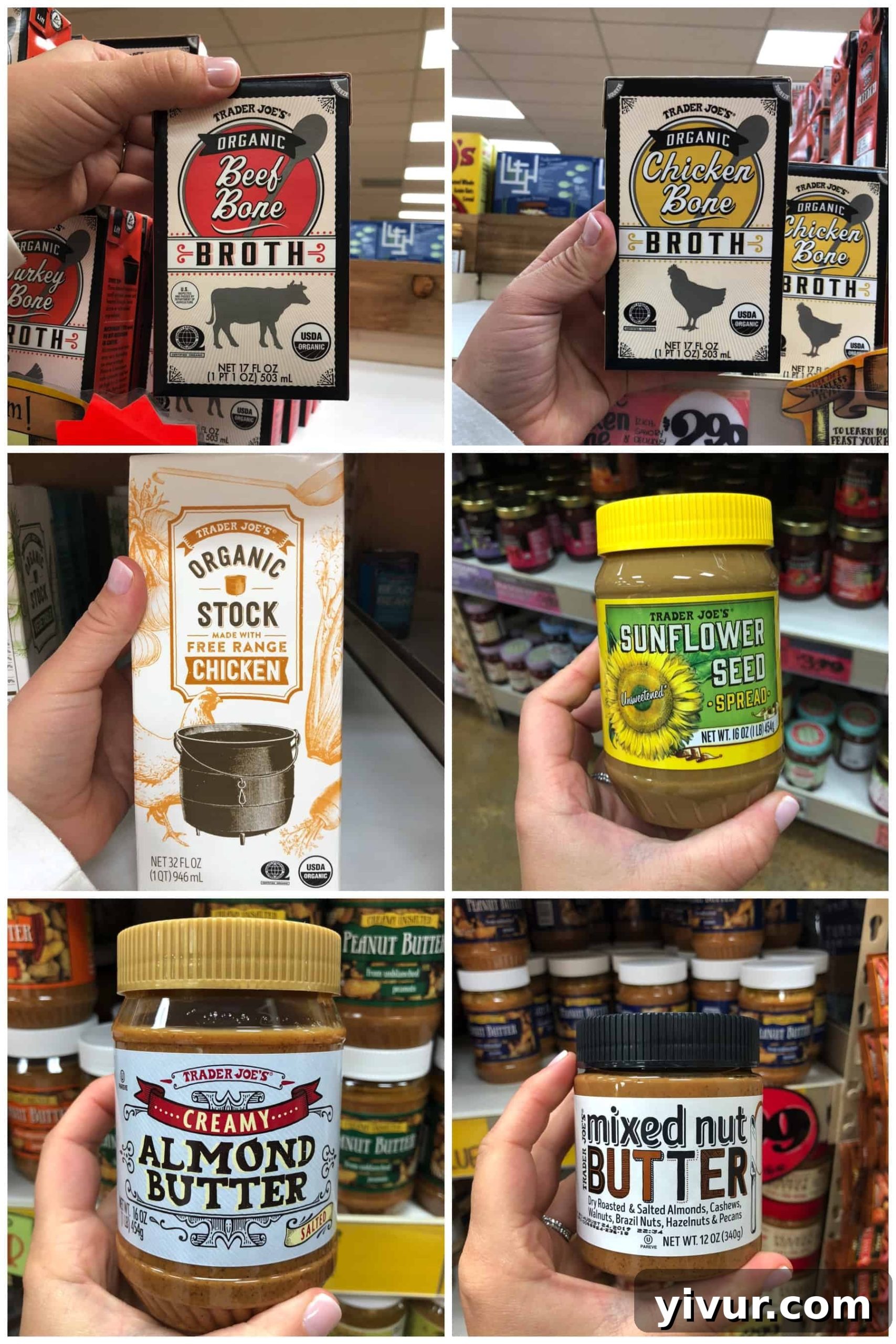 Photos of pantry staples at Trader Joe's, including bone broth and various nut butters