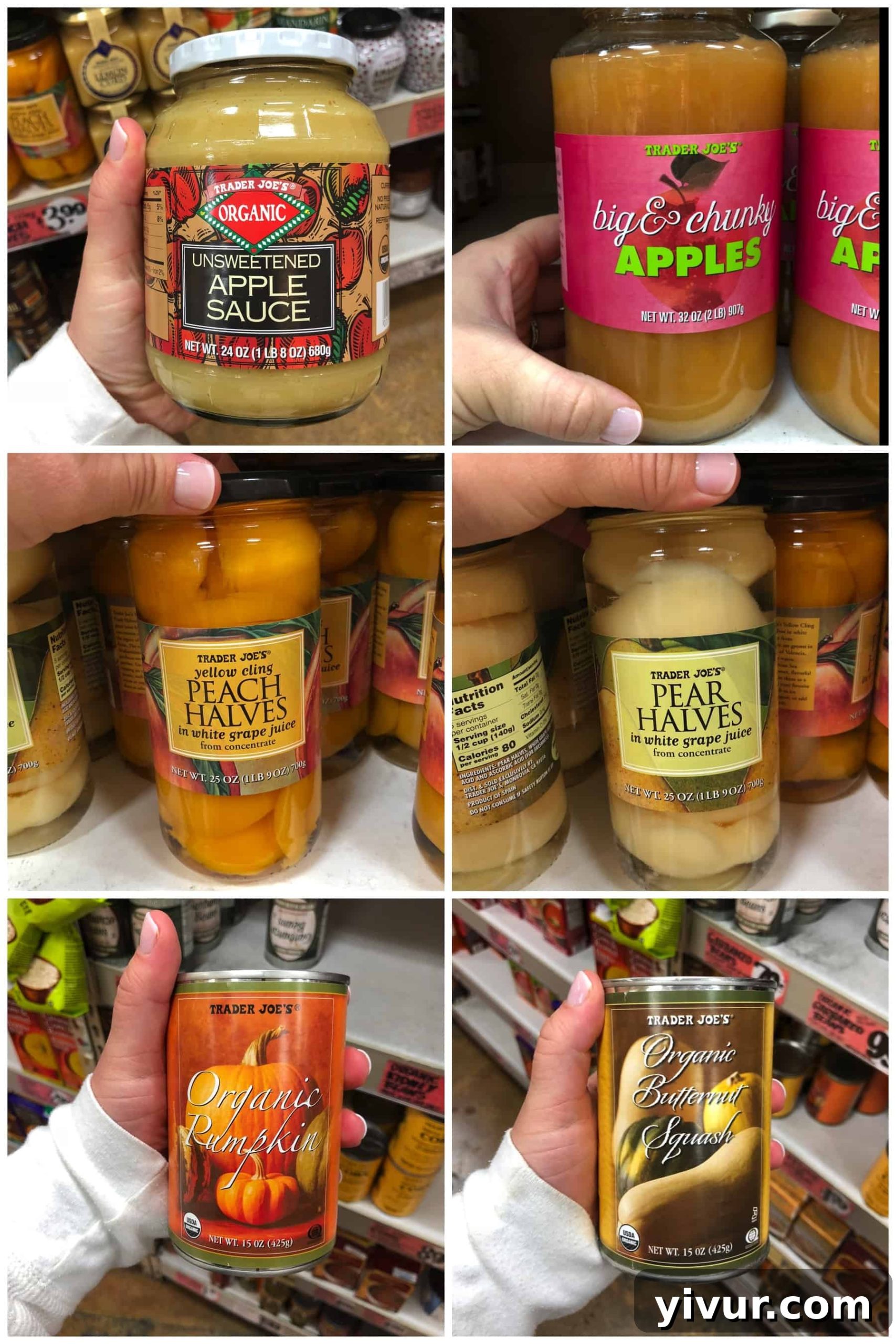 Whole30 pantry staples at Trader Joe's, featuring canned fruits and vegetables