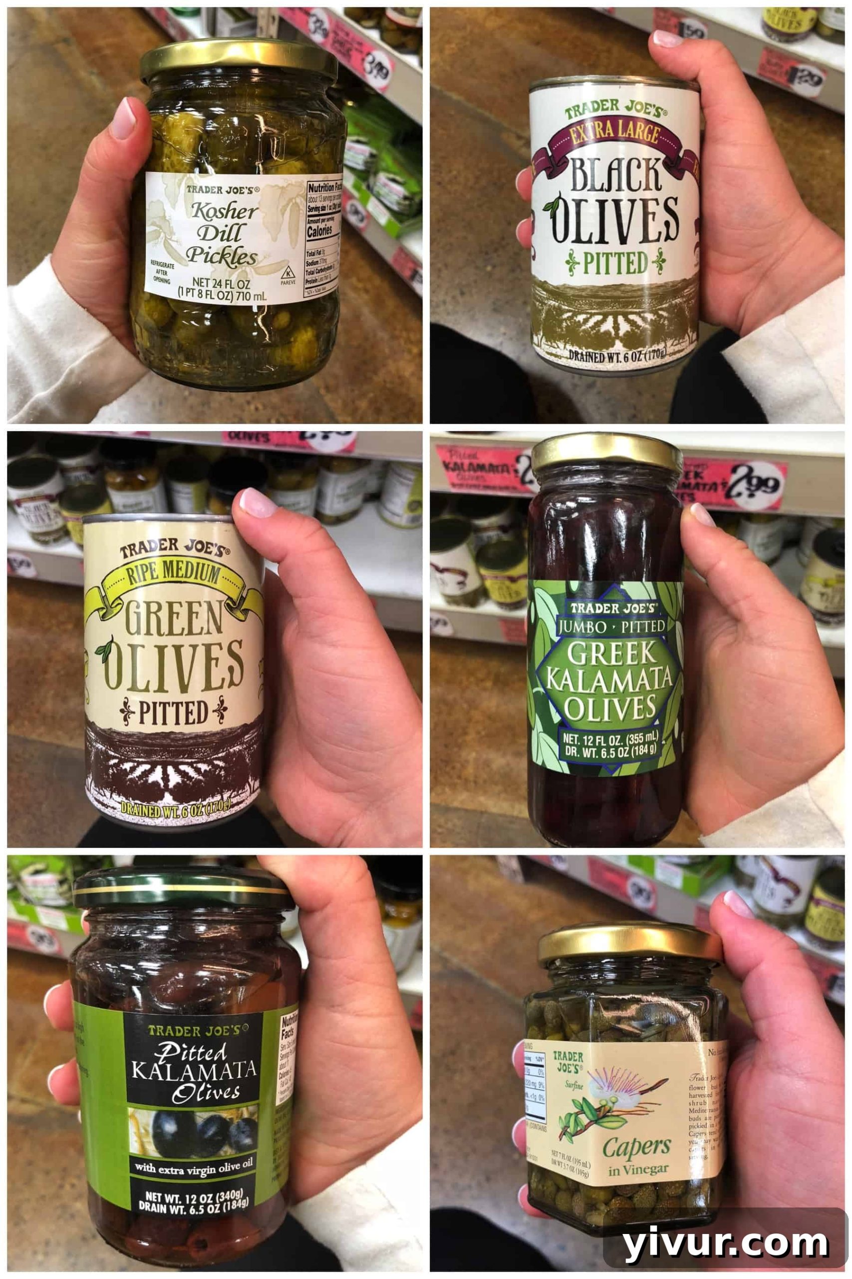 Canned pickles and olives at Trader Joe's for Whole30