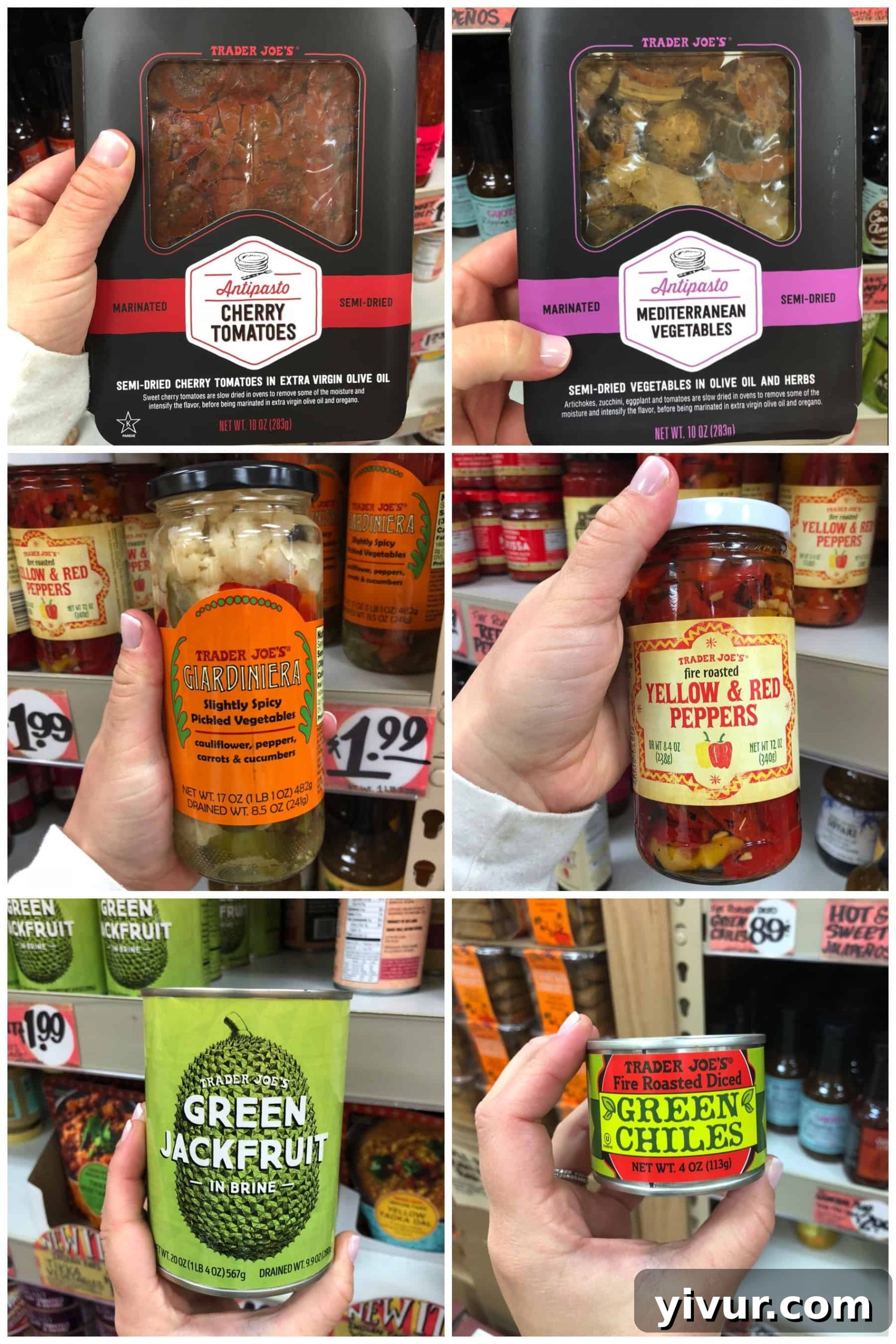 Whole30 compliant pantry staples at Trader Joe's, featuring marinated vegetables and green chiles