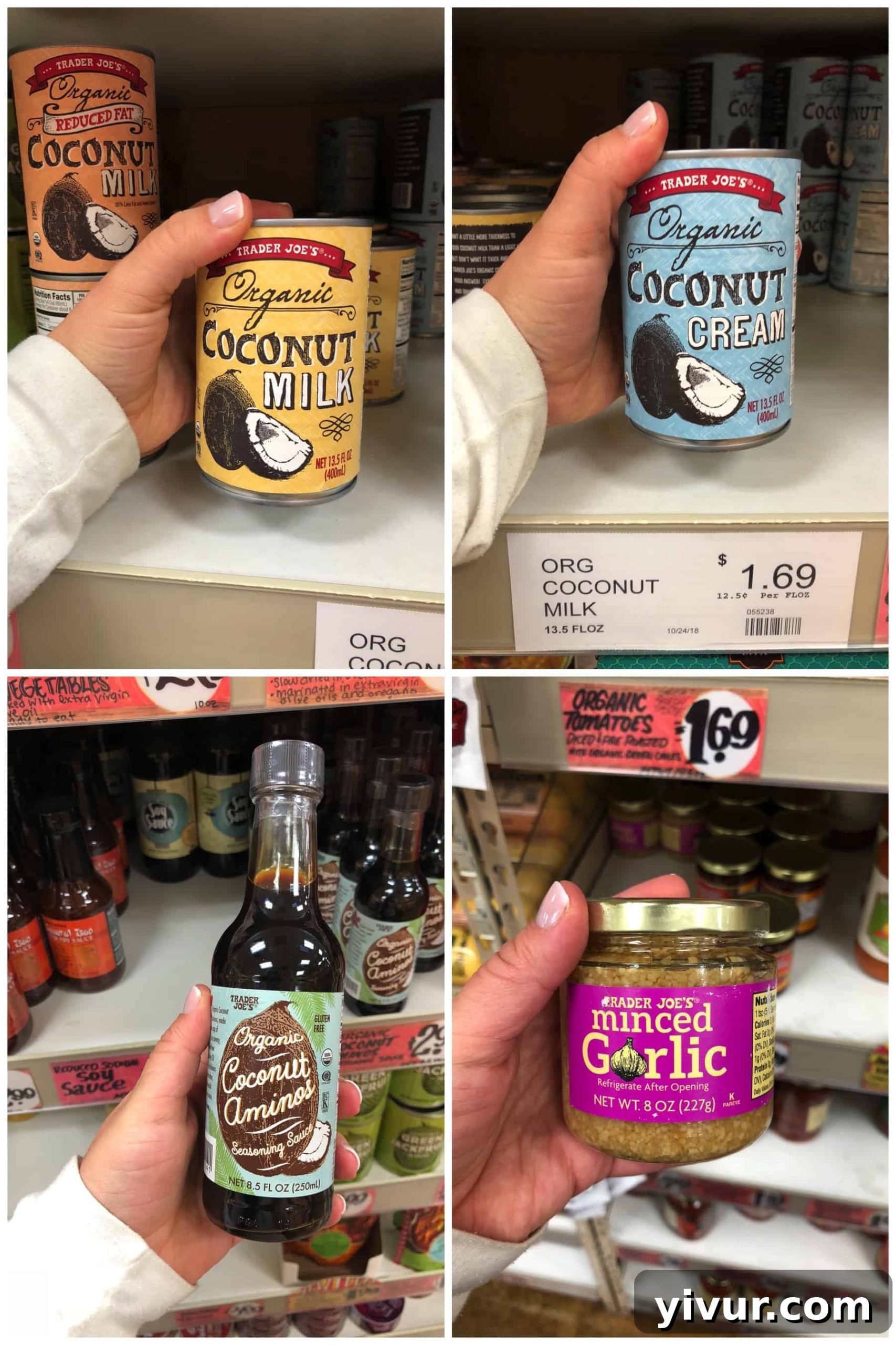 Photos of Whole30 compliant pantry staples at Trader Joe's, including coconut milk and aminos