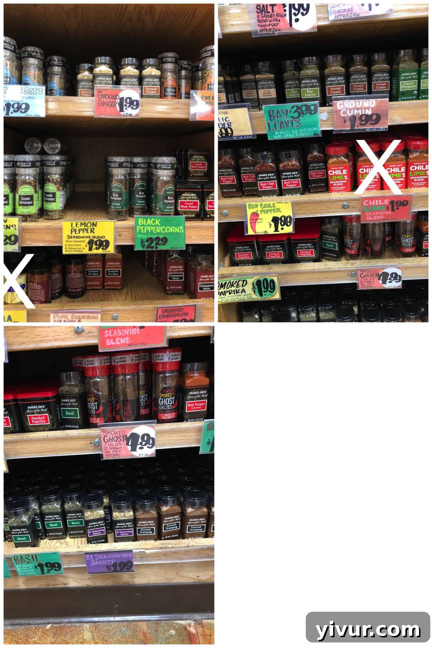 Herbs and spices that are Whole30 compliant at Trader Joe's, displaying various seasoning blends