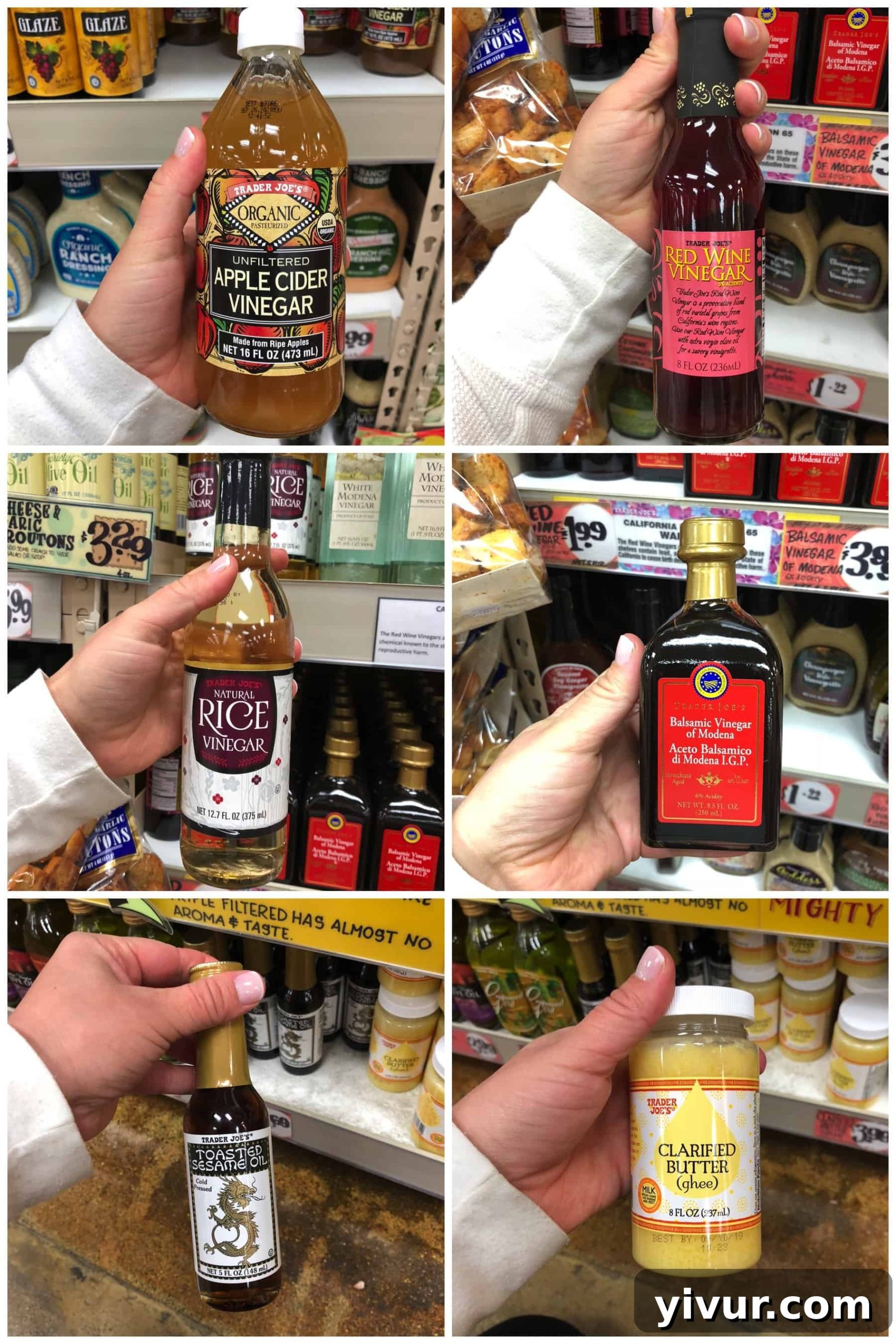 Oil and vinegar found at Trader Joe's that are Whole30 compliant, like apple cider vinegar and ghee