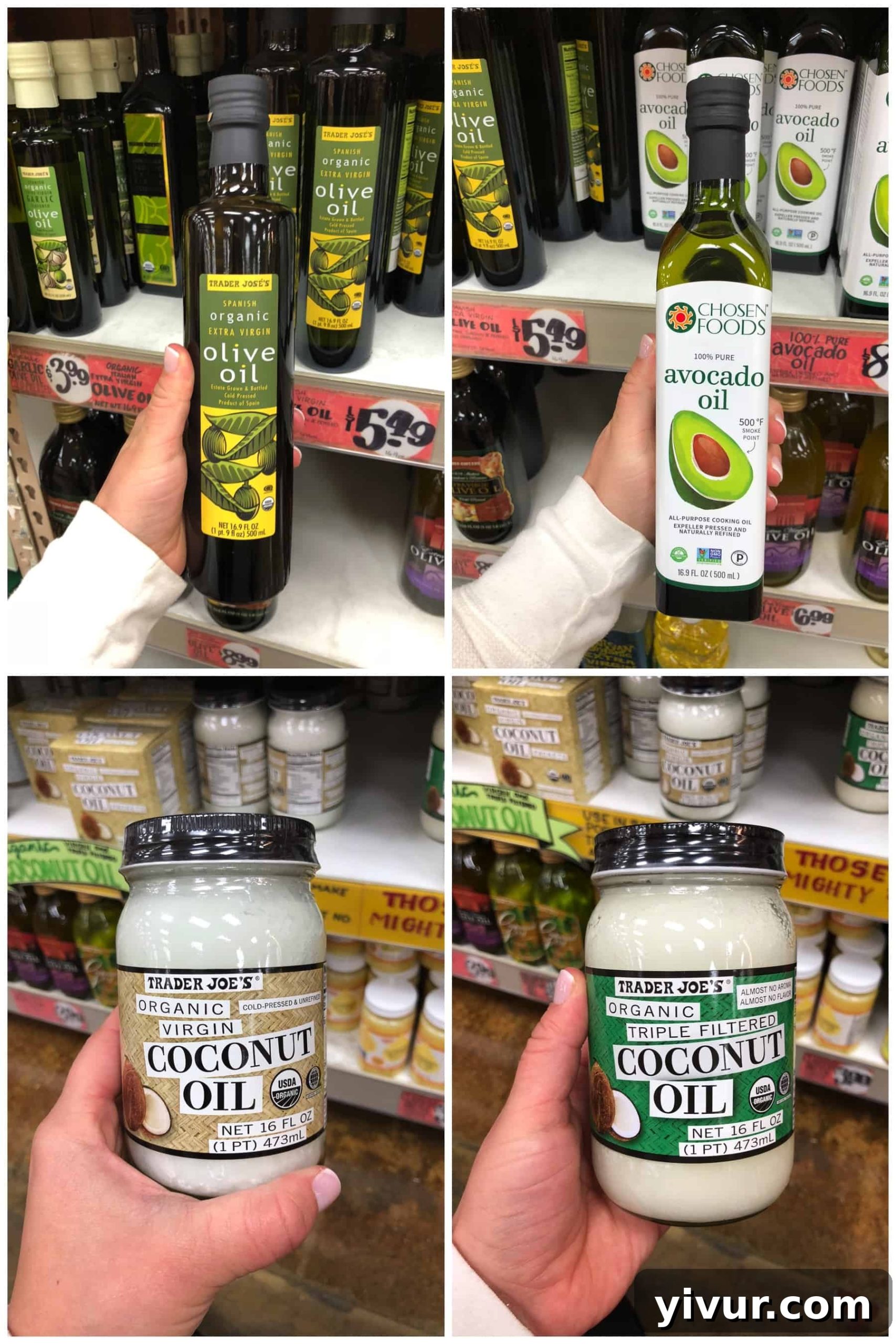 Trader Joe's oils, including extra virgin olive oil and avocado oil