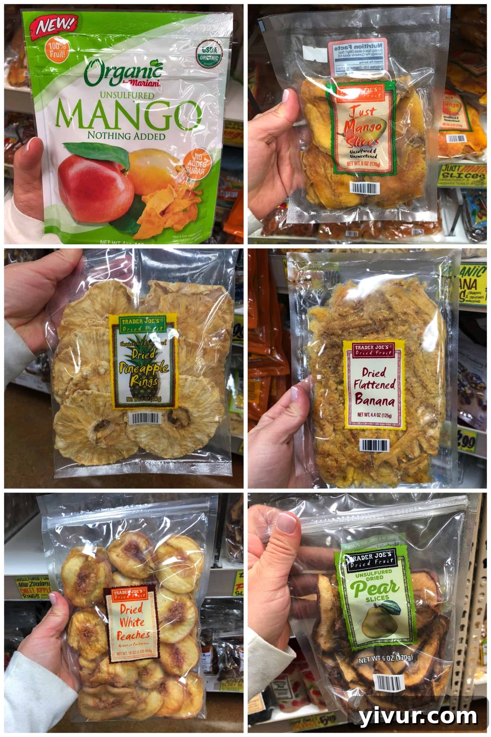 Dried fruit found at Trader Joe's, including organic mango and pineapple rings