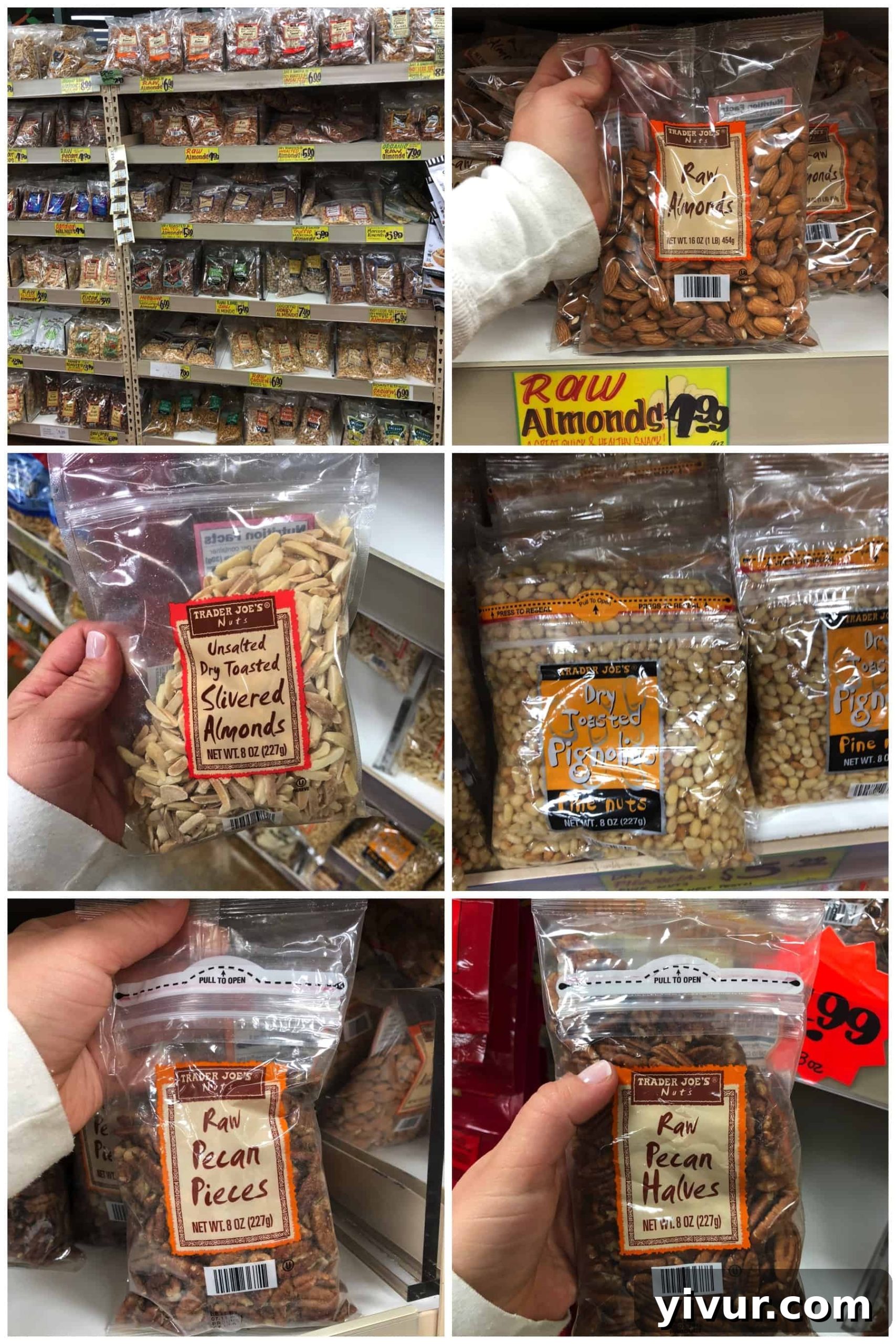 Photos of bags of nuts and seeds for Whole30 at Trader Joe's, including almonds and pecans
