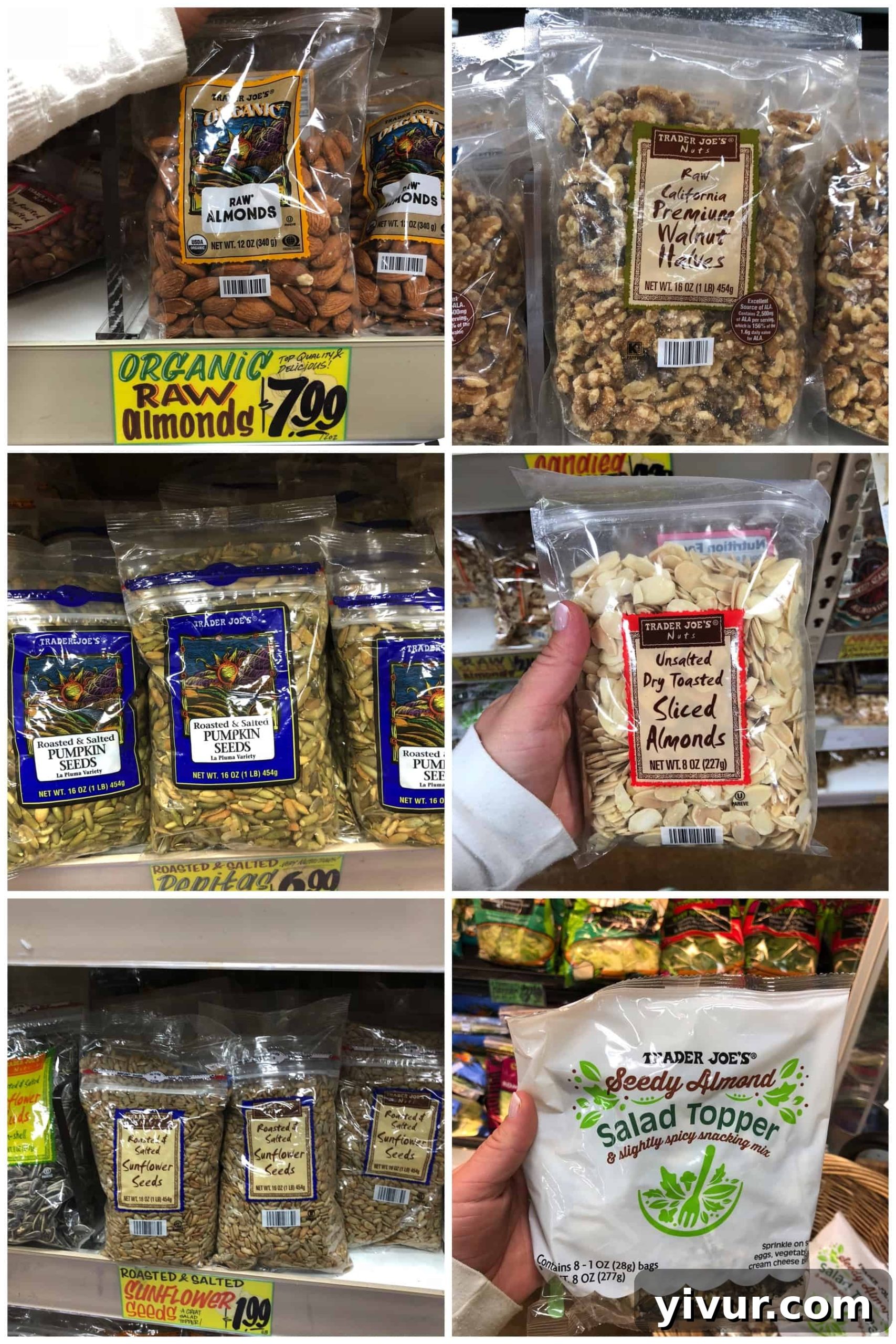 Nuts and seeds found at Trader Joe's for Whole30, such as walnuts and pumpkin seeds