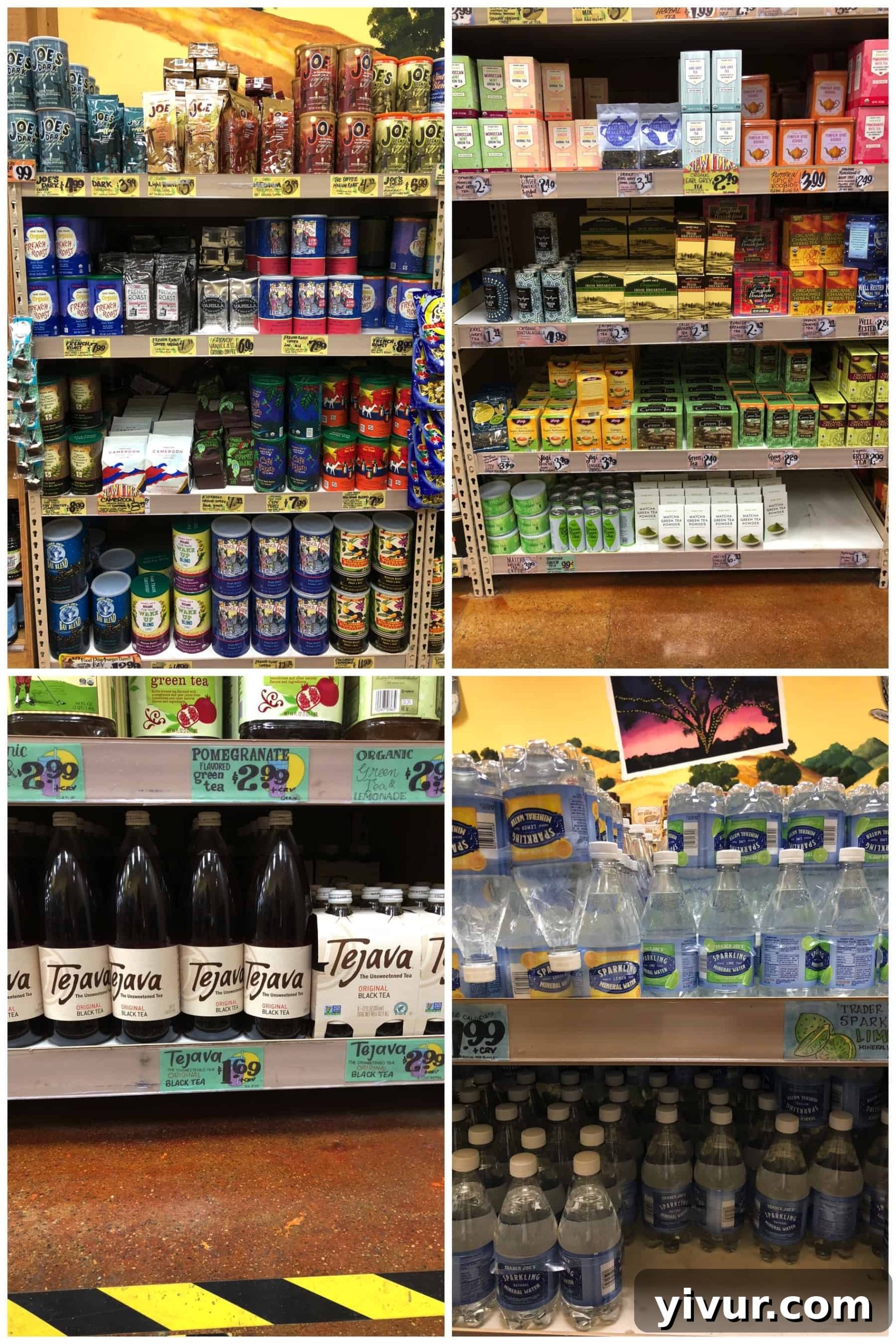 Whole30 beverages for Trader Joe's shopping list, including coffee and sparkling water