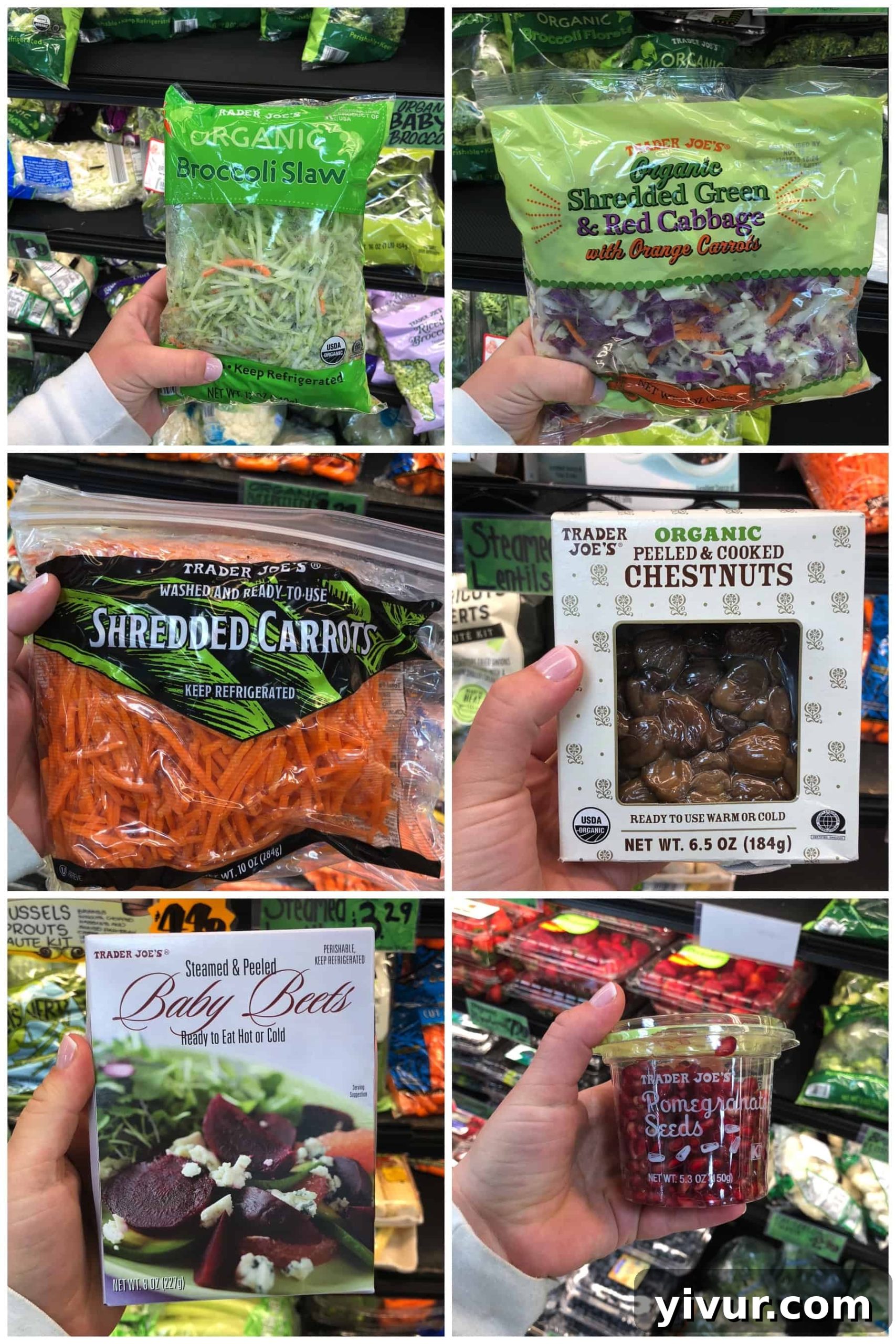 Convenience produce for Whole30 shopping list at Trader Joe's, including pre-cut vegetables
