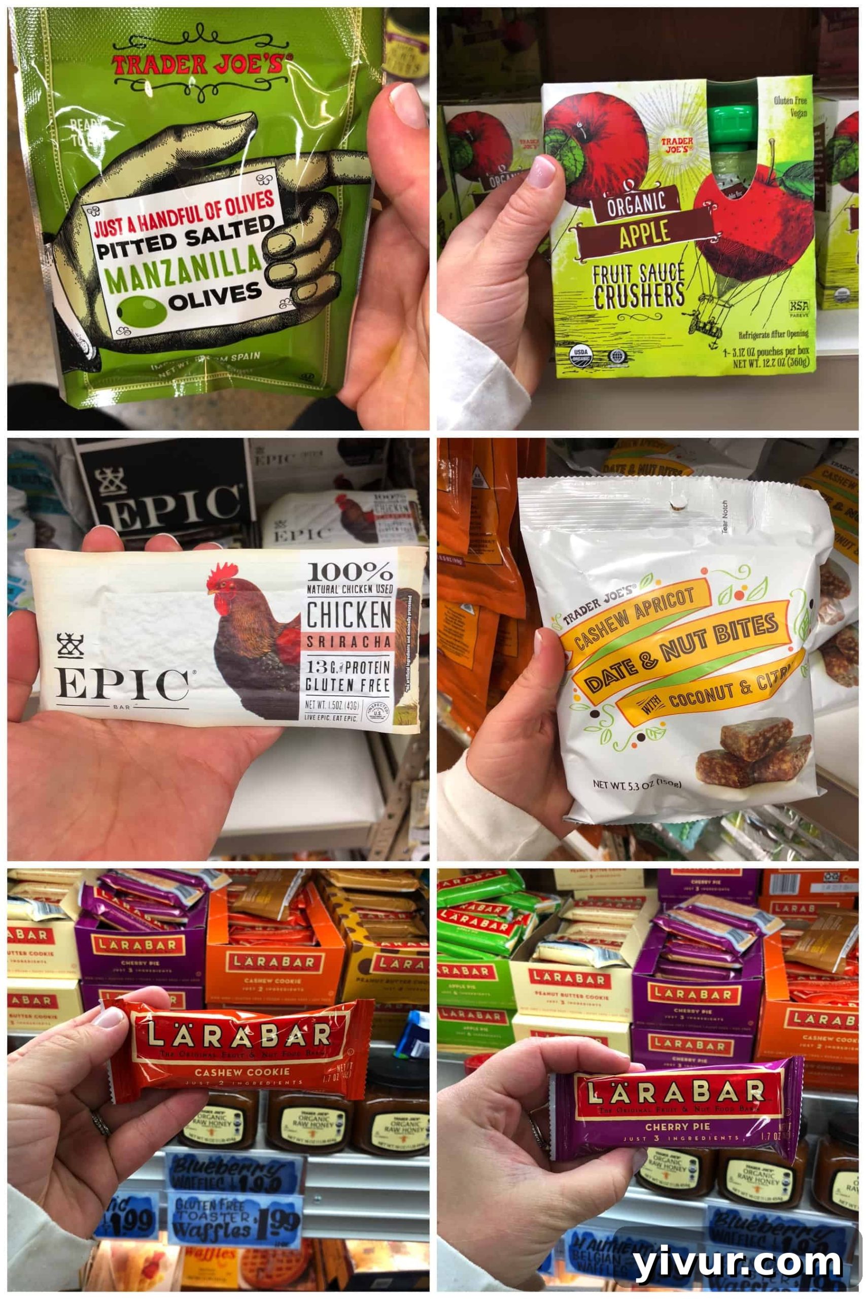 Healthy snacks at Trader Joe's for Whole30, including olives and fruit crushers