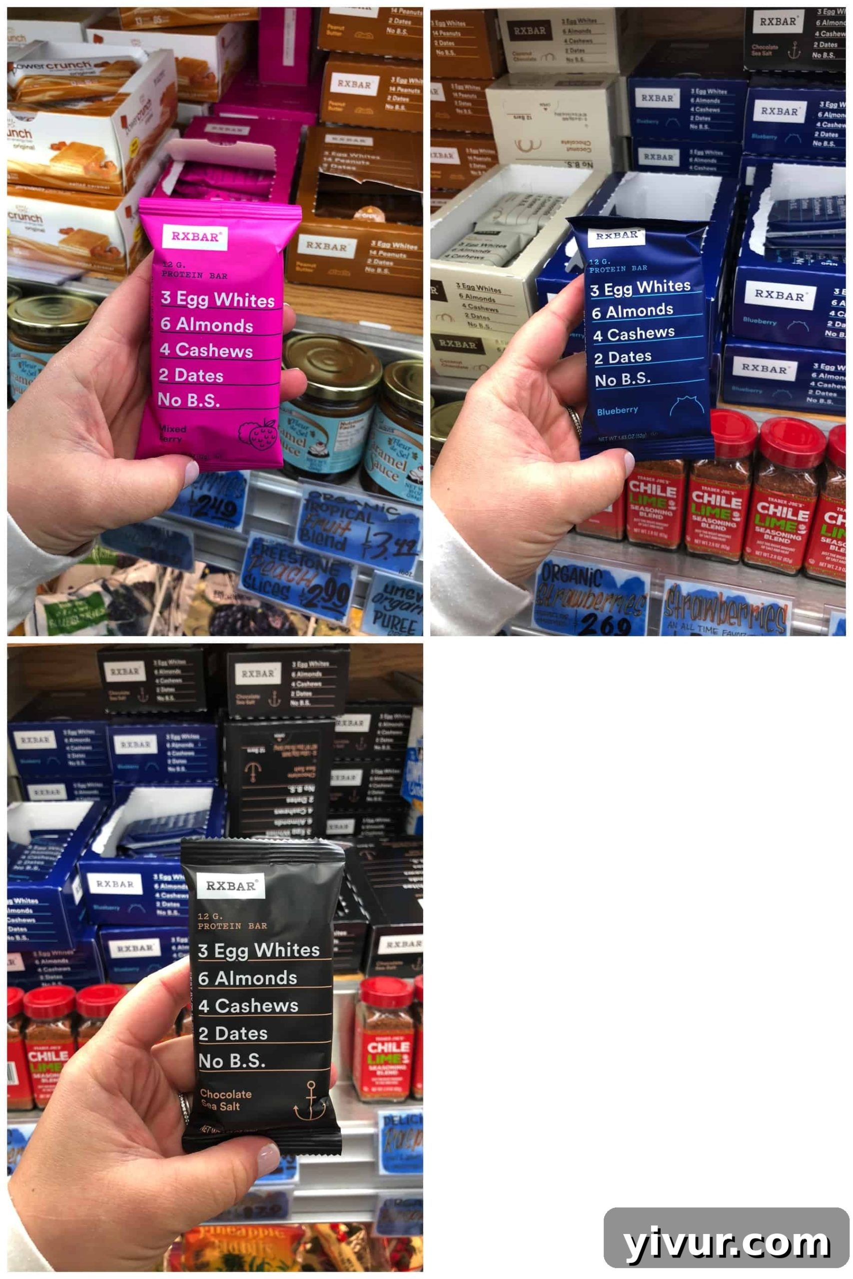 Healthy snacks at Trader Joe's for Whole30 shopping list, including RX Bars