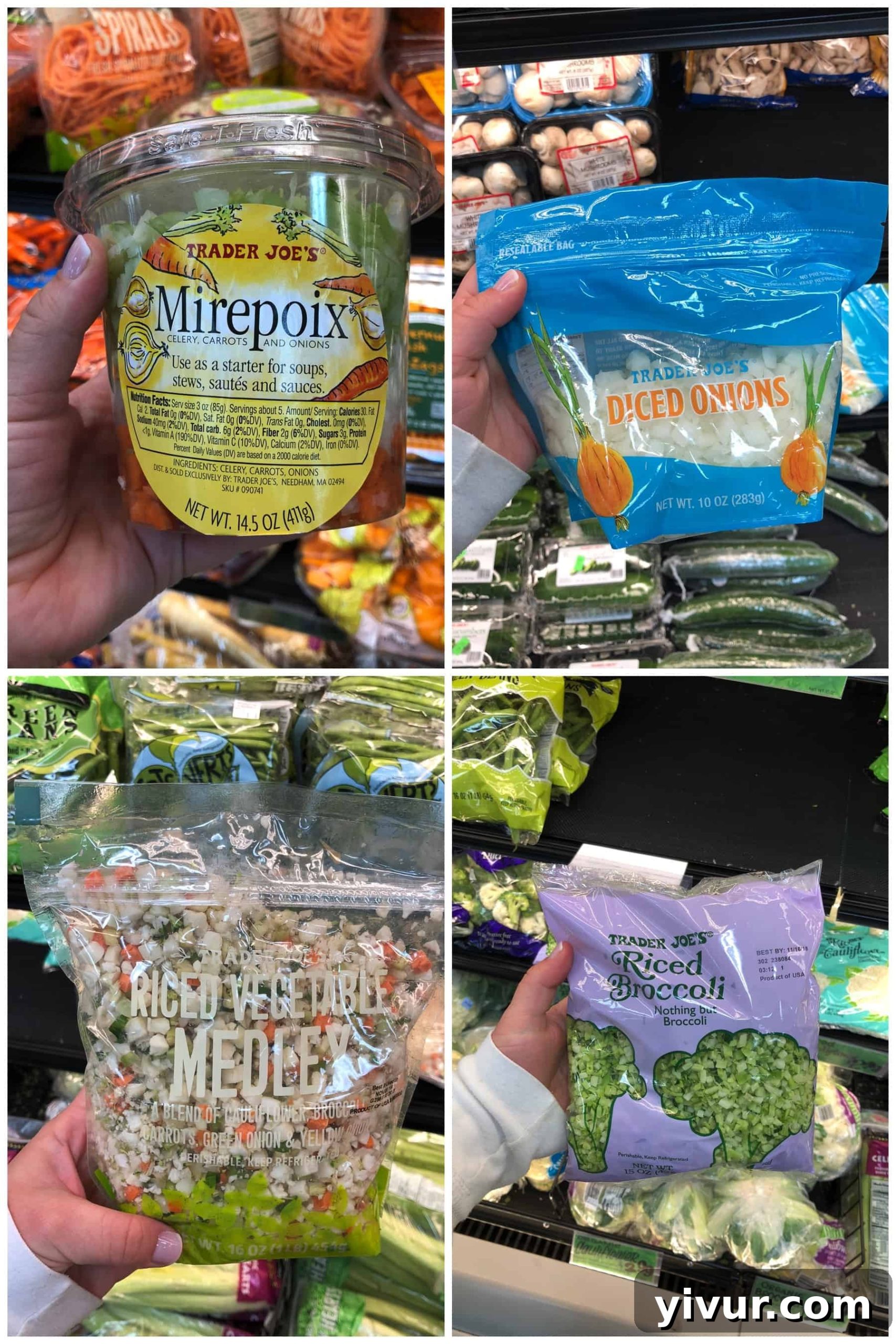Photos of pre-cut produce at Trader Joe's, including mirepoix and diced onions