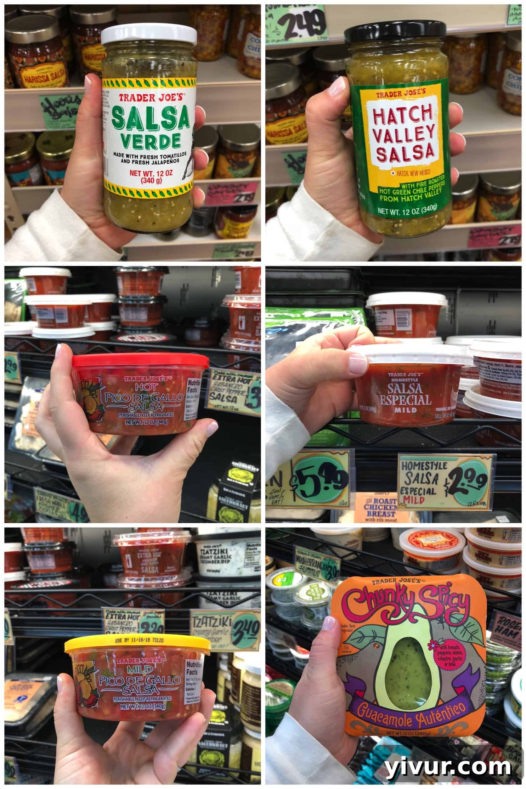 Dips, sauces, and dressings for Whole30 shopping list at Trader Joe's, including various salsas