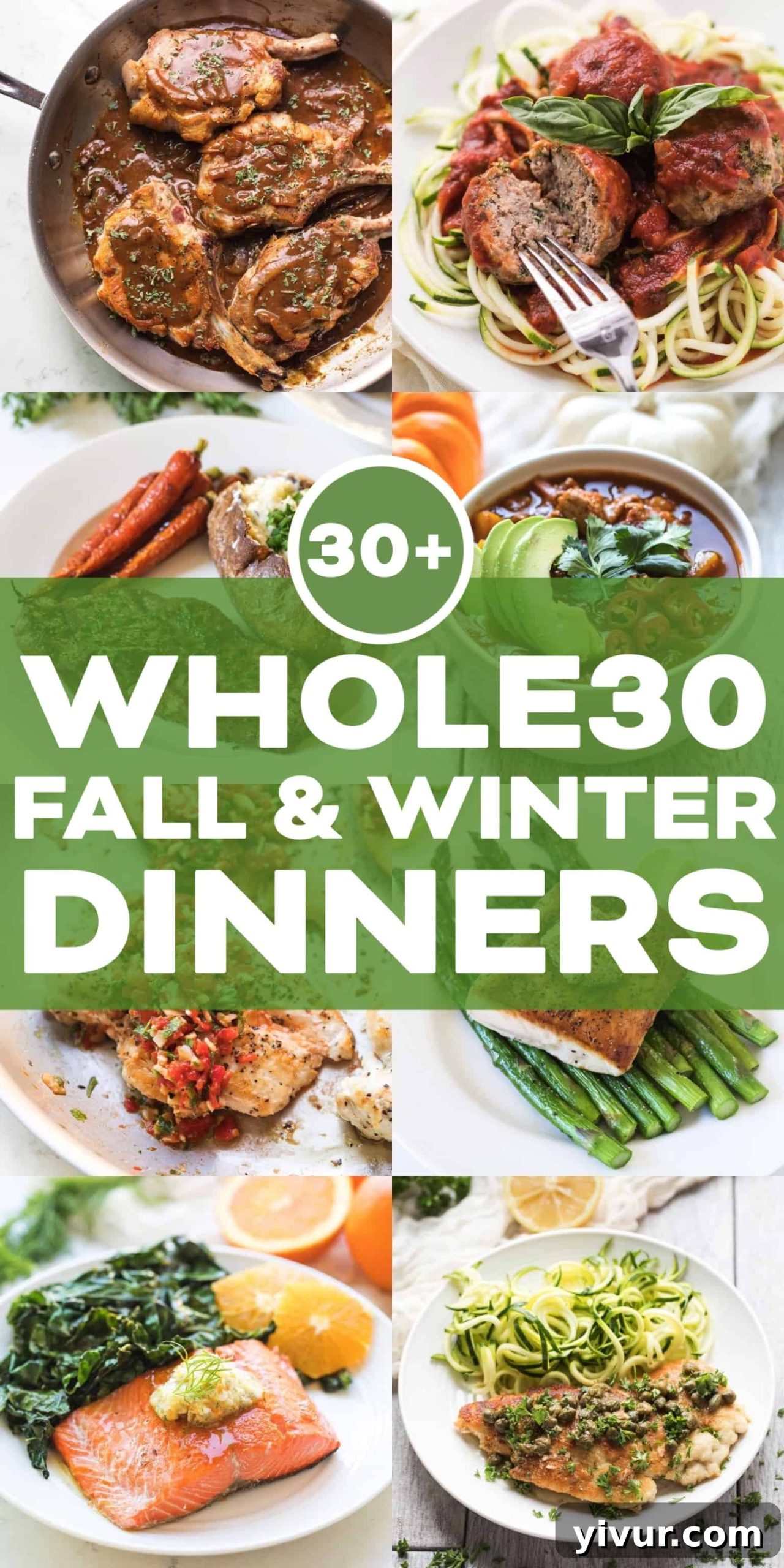 A vibrant collage of various Whole30 dinner recipes for fall and winter, showcasing chicken, beef, seafood, and comforting soups.